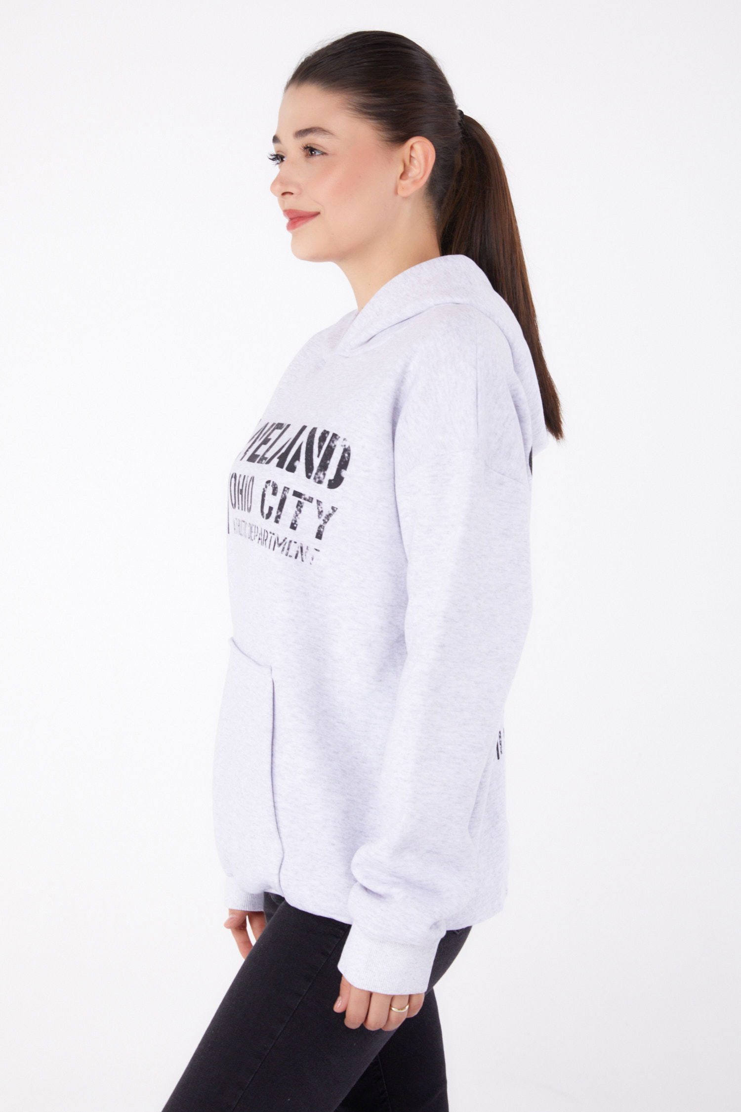 Düz Kapşonlu Yaka Kadın Gri Baskılı Sweatshirt - 26383 - 4