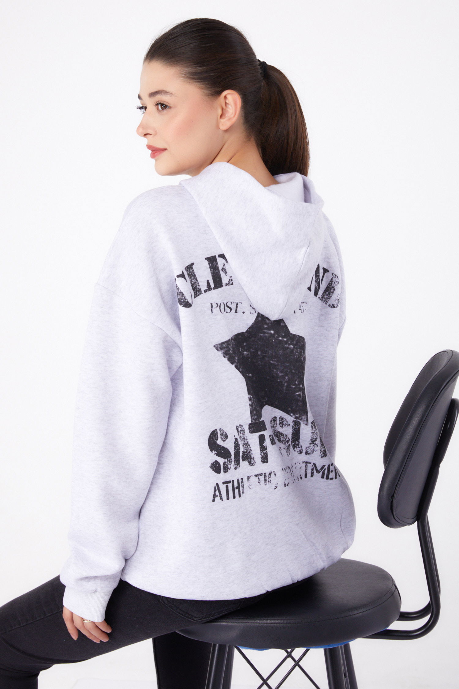 Düz Kapşonlu Yaka Kadın Gri Baskılı Sweatshirt - 26383 - 5
