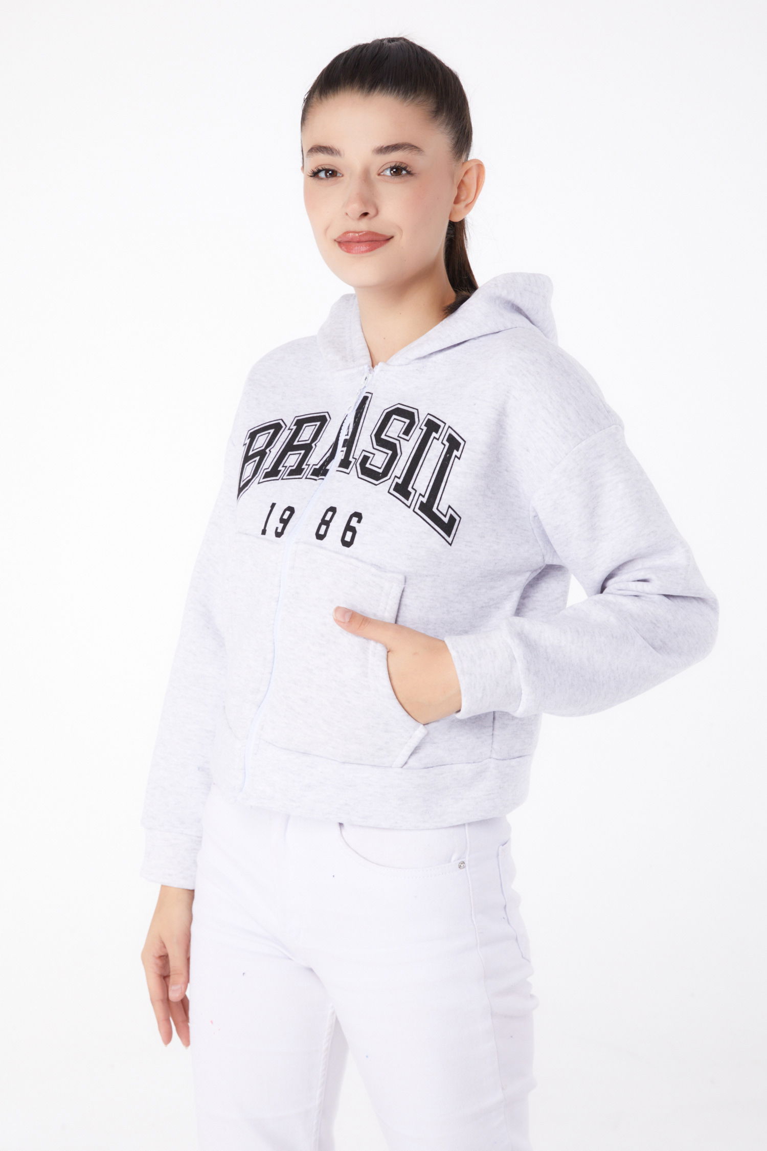 Düz Kapşonlu Yaka Kadın Gri Fermuarlı Crop Sweatshirt - 26278 - 2