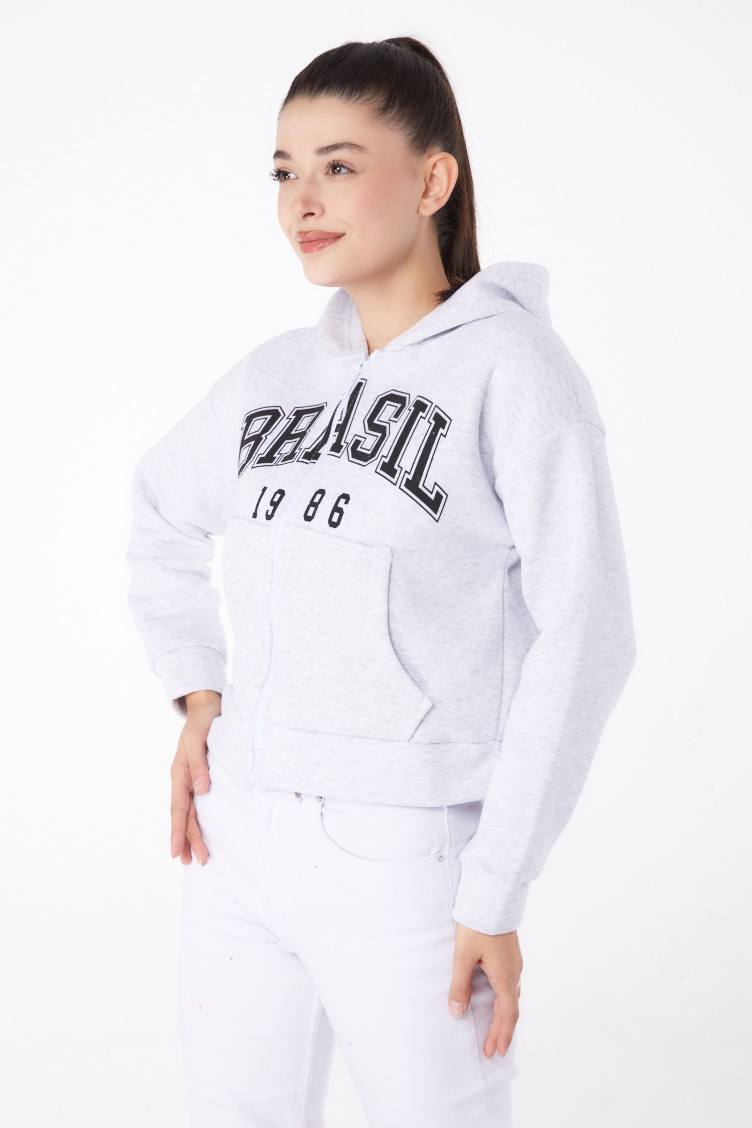 Düz Kapşonlu Yaka Kadın Gri Fermuarlı Crop Sweatshirt - 26278 - 3