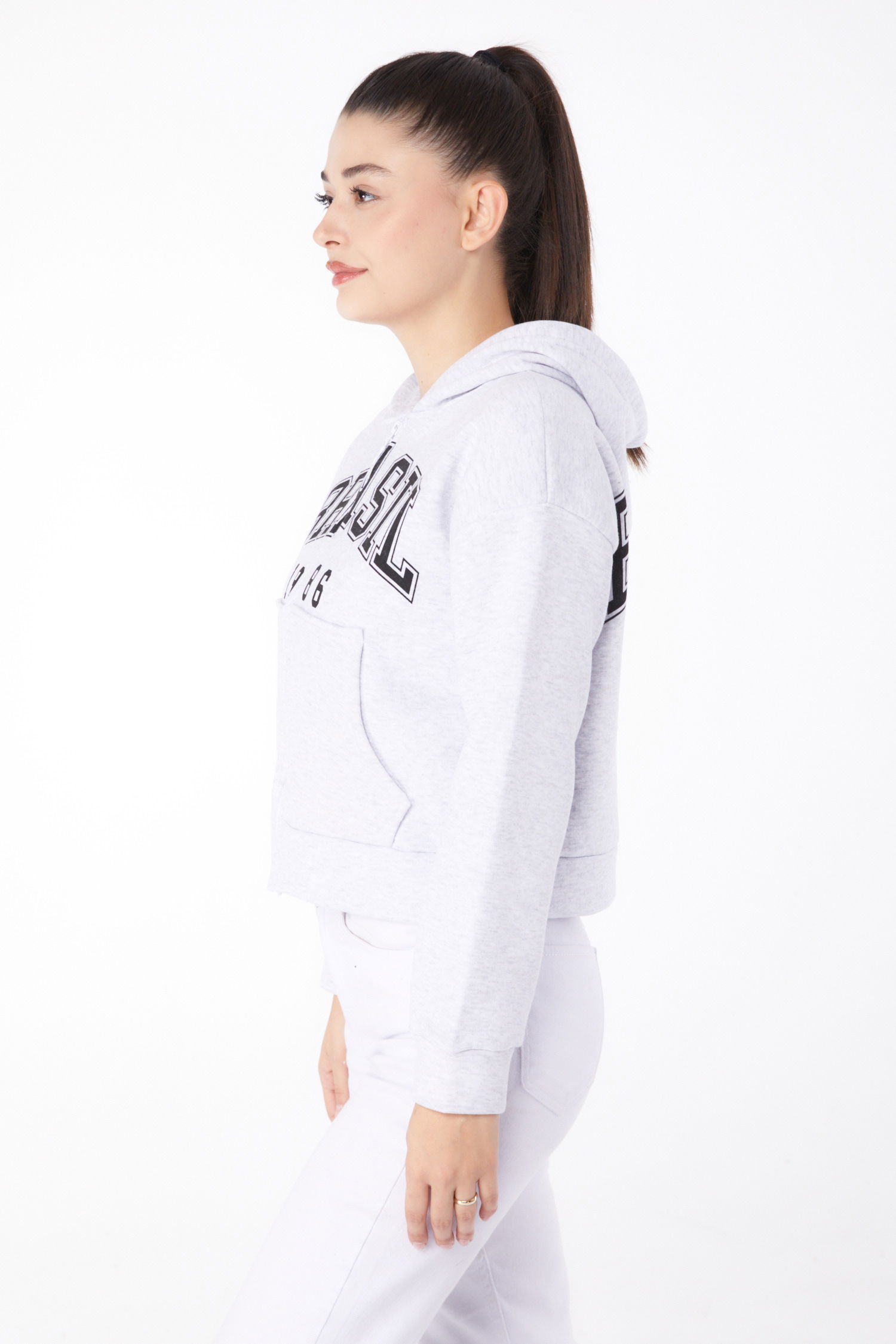 Düz Kapşonlu Yaka Kadın Gri Fermuarlı Crop Sweatshirt - 26278 - 4