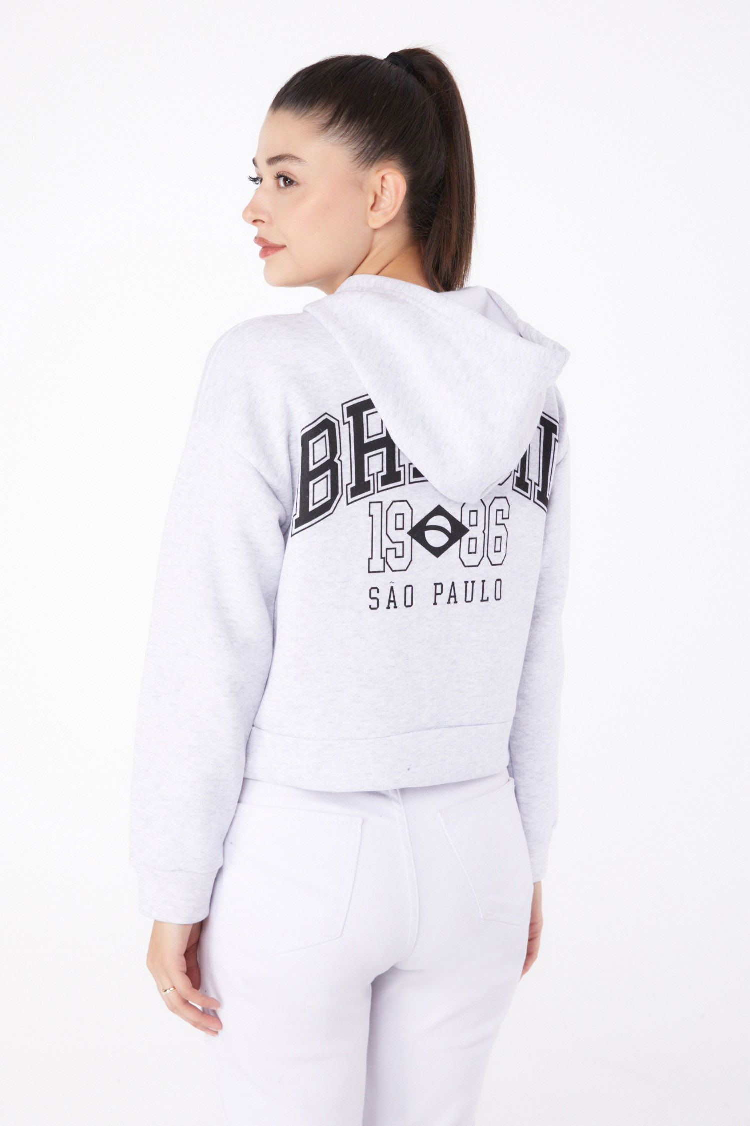 Düz Kapşonlu Yaka Kadın Gri Fermuarlı Crop Sweatshirt - 26278 - 5