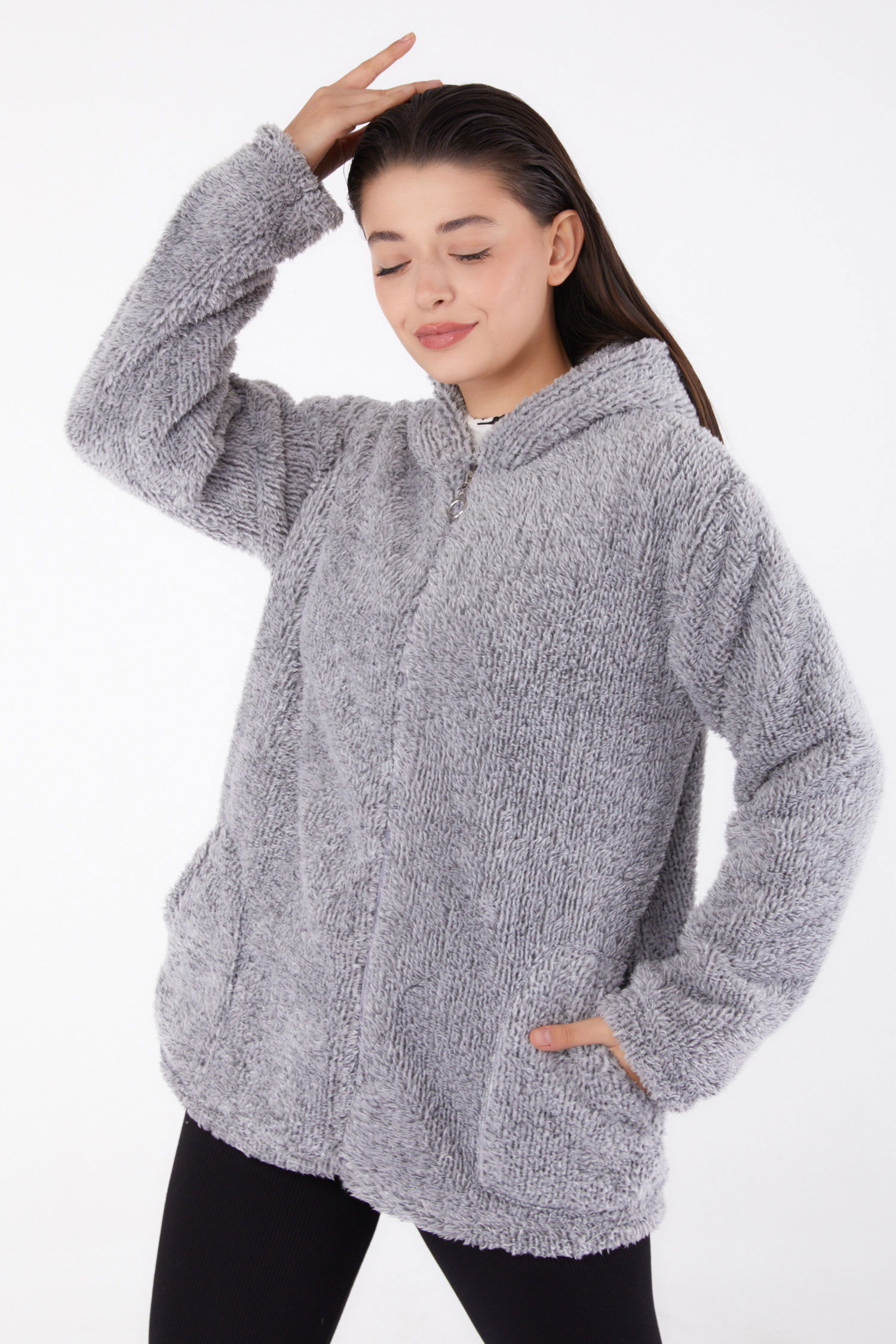 Düz Kapşonlu Yaka Kadın Gri Peluş Kısa Mont - 26459 - 2
