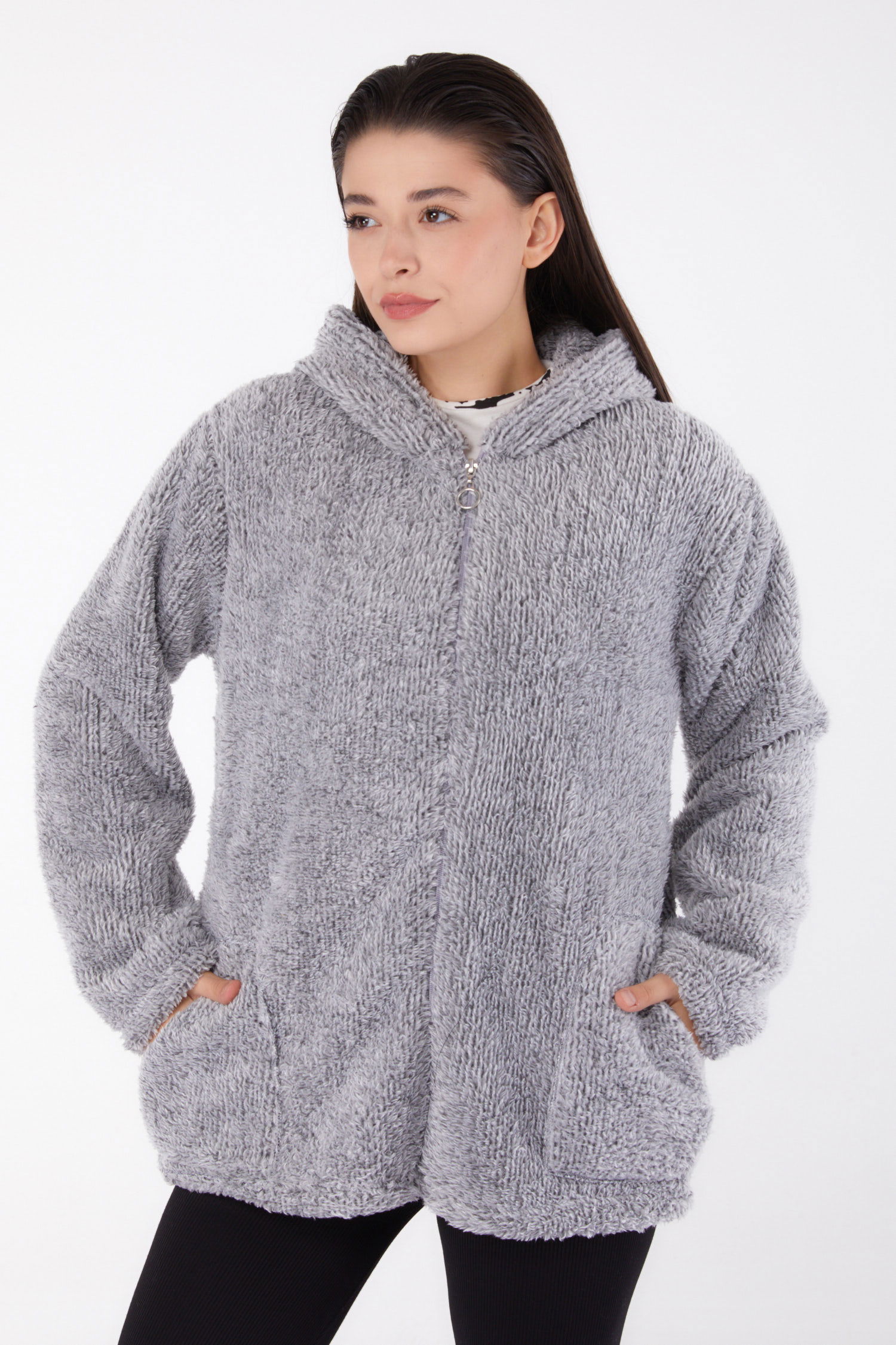 Düz Kapşonlu Yaka Kadın Gri Peluş Kısa Mont - 26459 - 3
