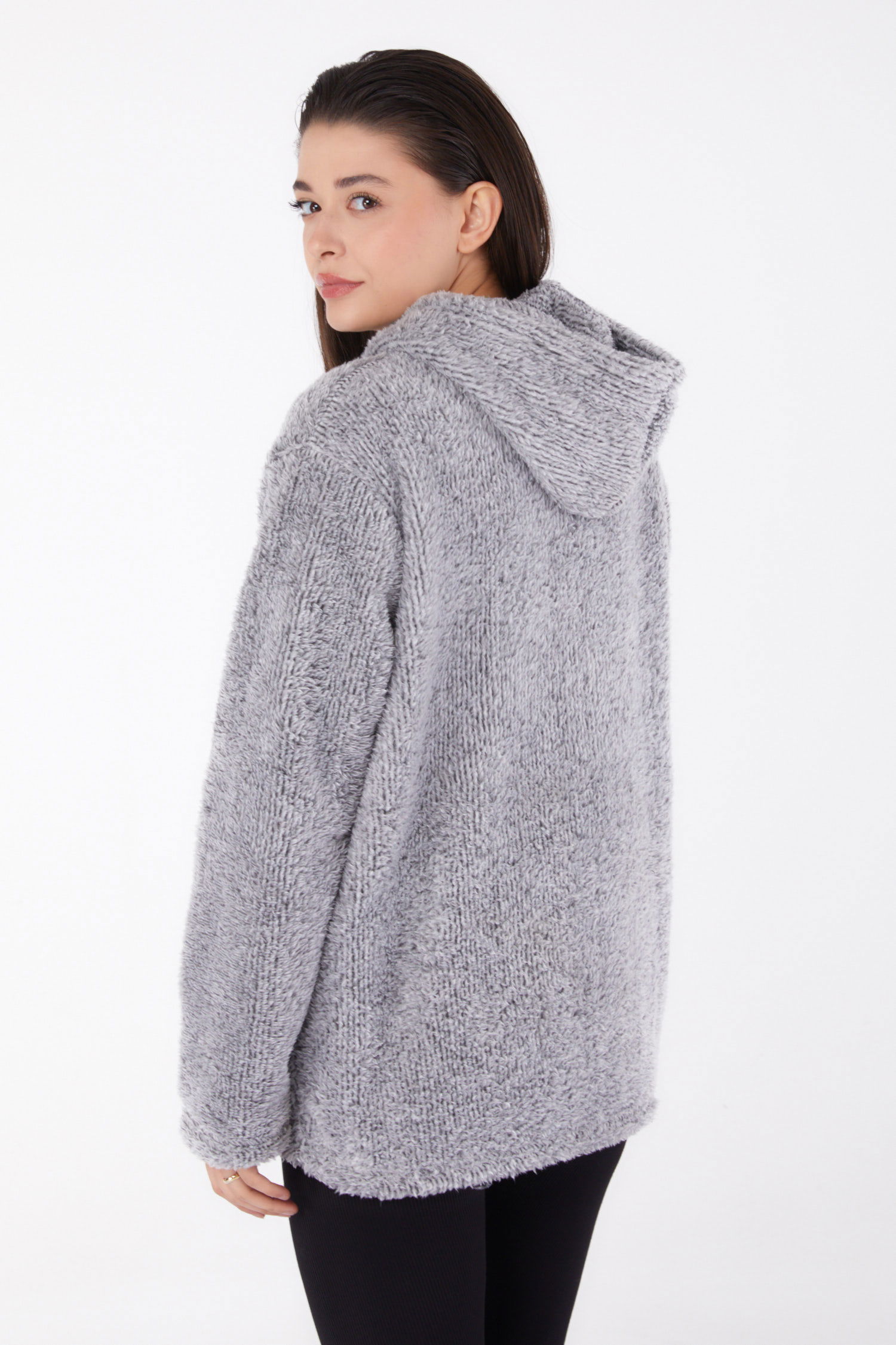 Düz Kapşonlu Yaka Kadın Gri Peluş Kısa Mont - 26459 - 5
