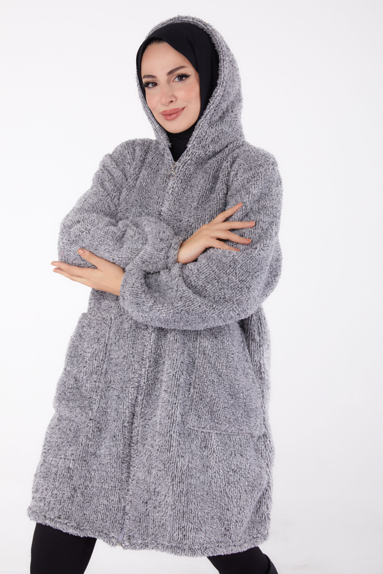 Düz Kapşonlu Yaka Kadın Gri Peluş Uzun Mont - 26460 - 1