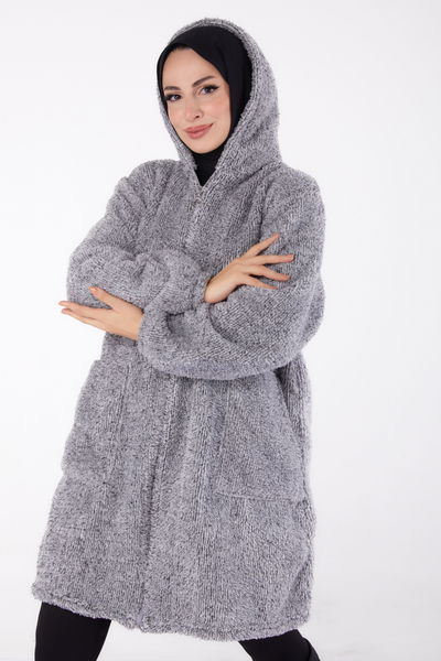 Düz Kapşonlu Yaka Kadın Gri Peluş Uzun Mont - 26460 