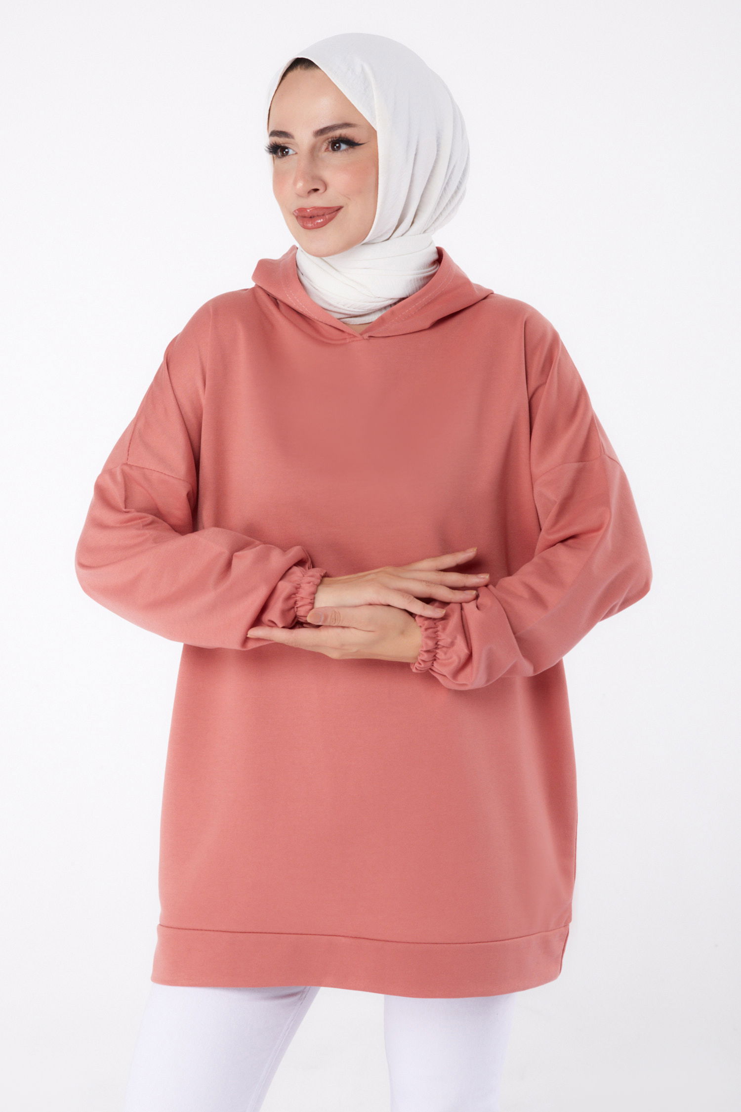 Düz Kapşonlu Yaka Kadın Gül Arkası Baskılı Sweatshirt - 13327 - 2