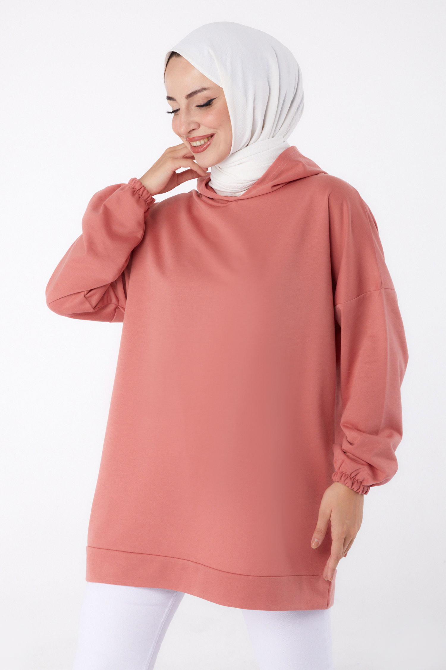 Düz Kapşonlu Yaka Kadın Gül Arkası Baskılı Sweatshirt - 13327 - 3