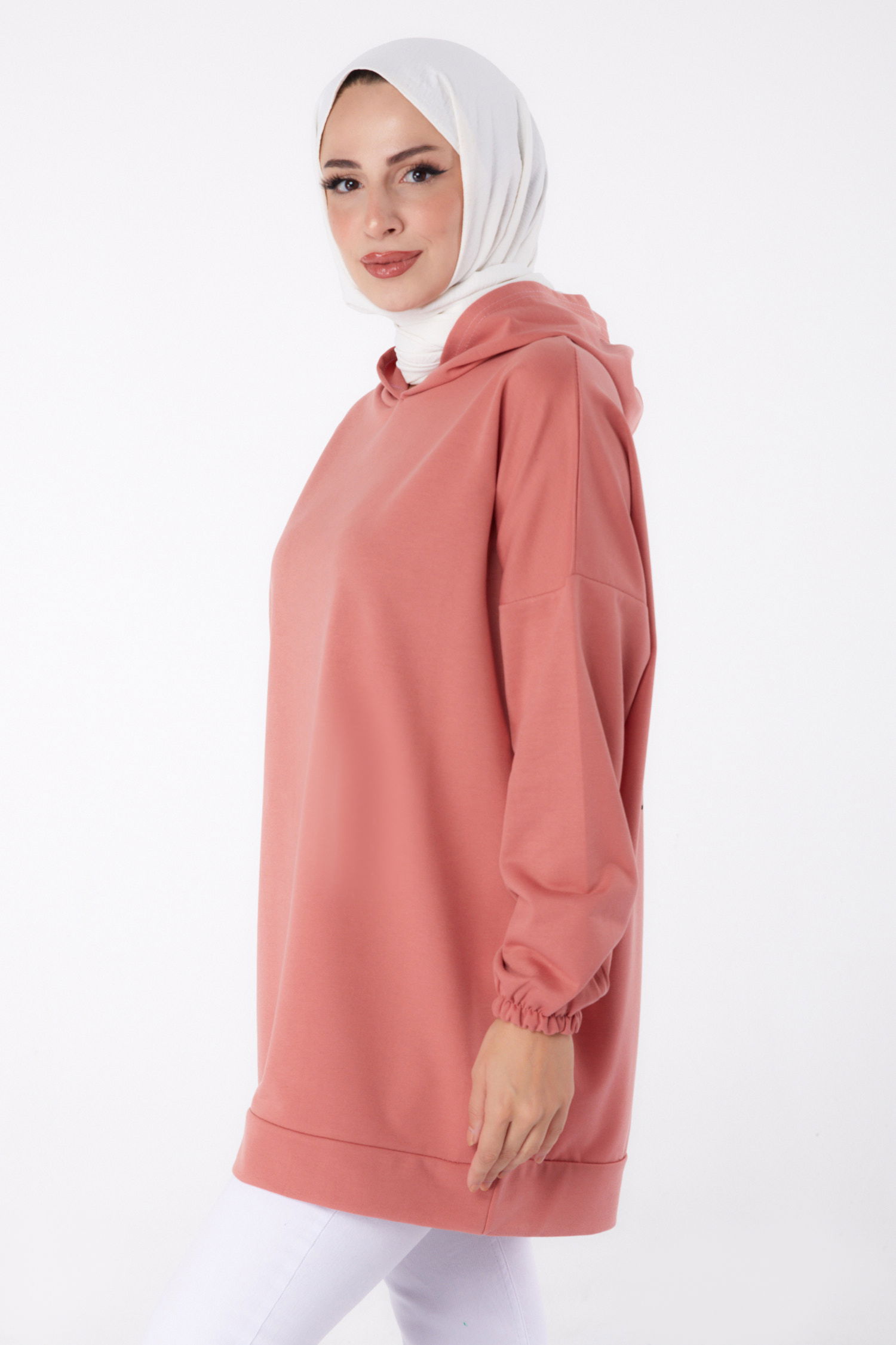 Düz Kapşonlu Yaka Kadın Gül Arkası Baskılı Sweatshirt - 13327 - 4