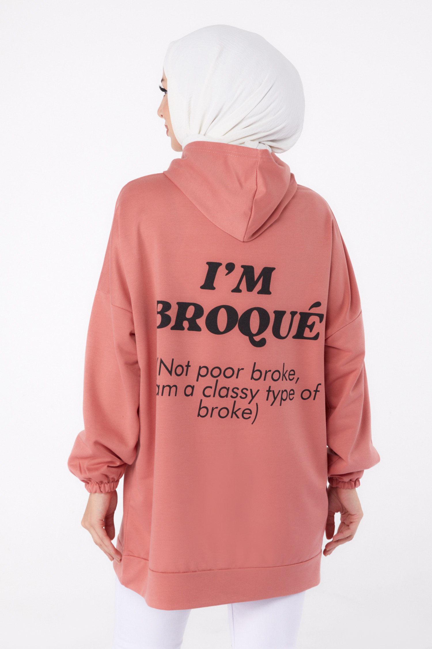 Düz Kapşonlu Yaka Kadın Gül Arkası Baskılı Sweatshirt - 13327 - 5