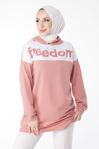 Düz Kapşonlu Yaka Kadın Gül Baskılı Kapşonlu Sweatshirt - 13134 