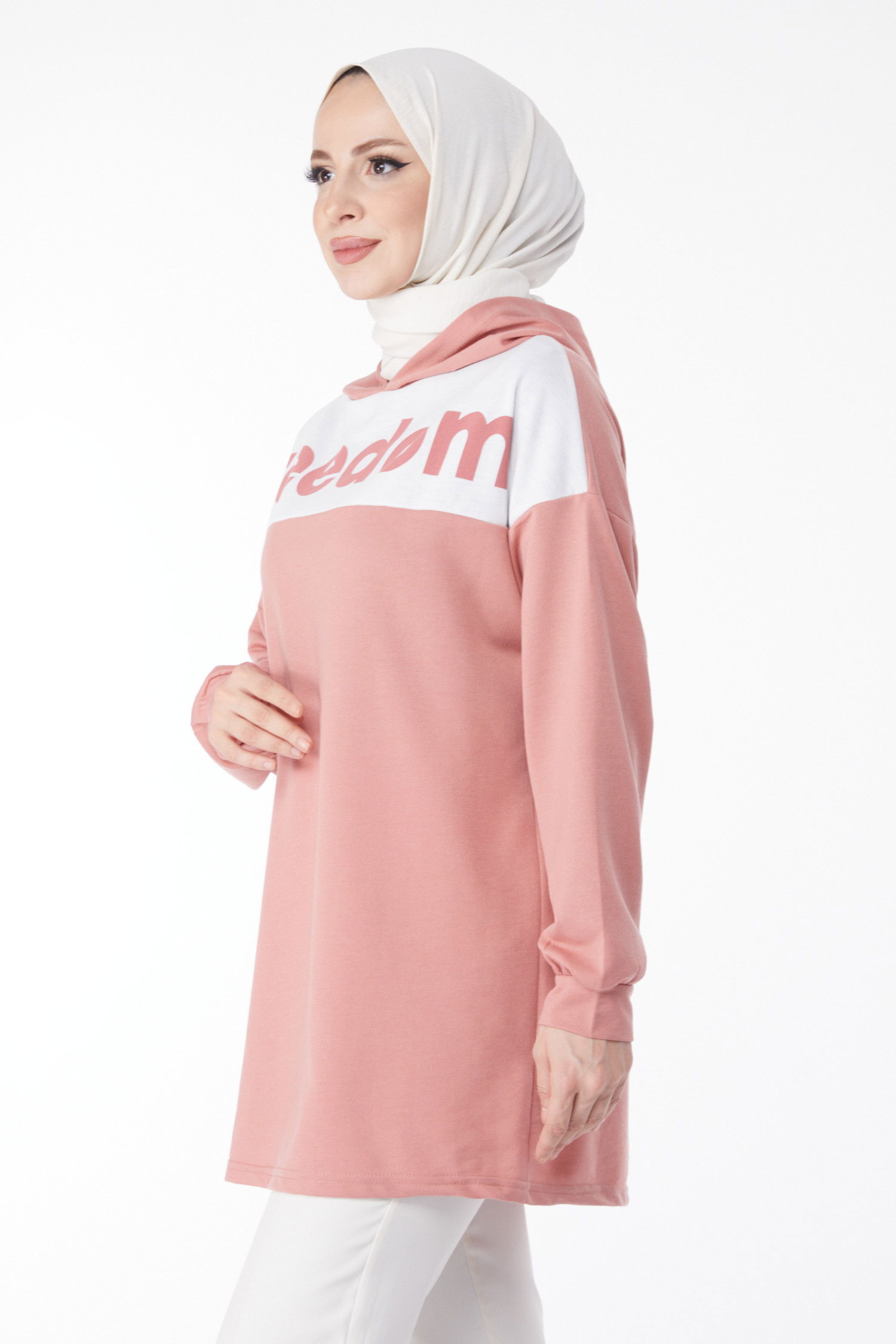 Düz Kapşonlu Yaka Kadın Gül Baskılı Kapşonlu Sweatshirt - 13134 - 4