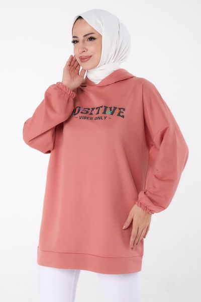 Düz Kapşonlu Yaka Kadın Gül Baskılı Sweatshirt - 13333 