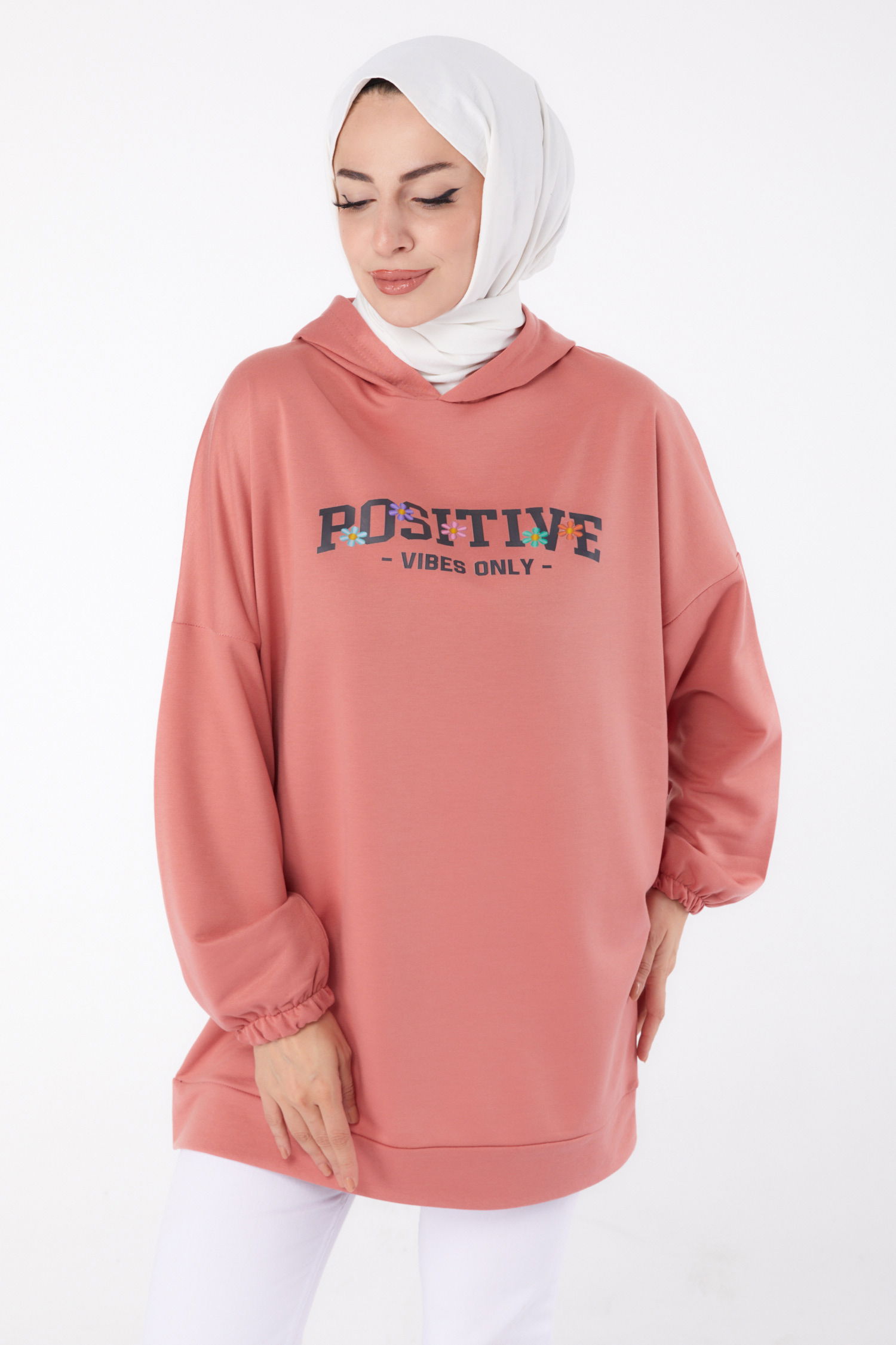 Düz Kapşonlu Yaka Kadın Gül Baskılı Sweatshirt - 13333 - 2