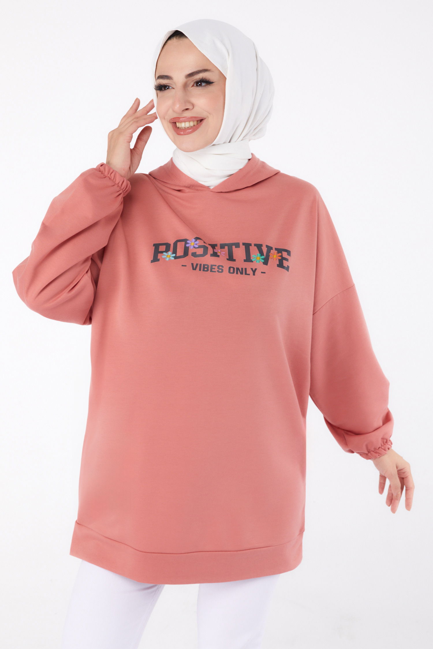 Düz Kapşonlu Yaka Kadın Gül Baskılı Sweatshirt - 13333 - 3