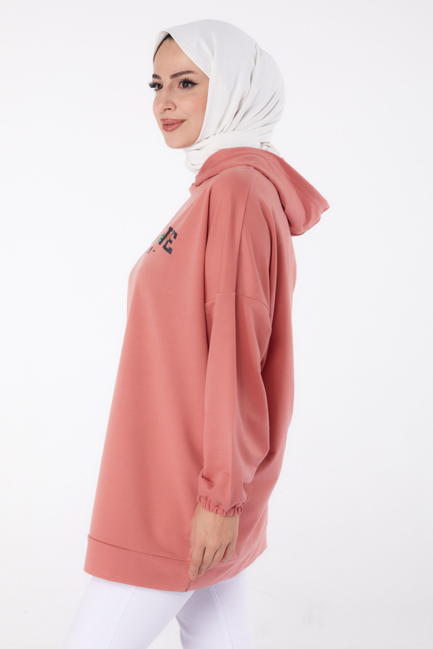 Düz Kapşonlu Yaka Kadın Gül Baskılı Sweatshirt - 13333 - 4
