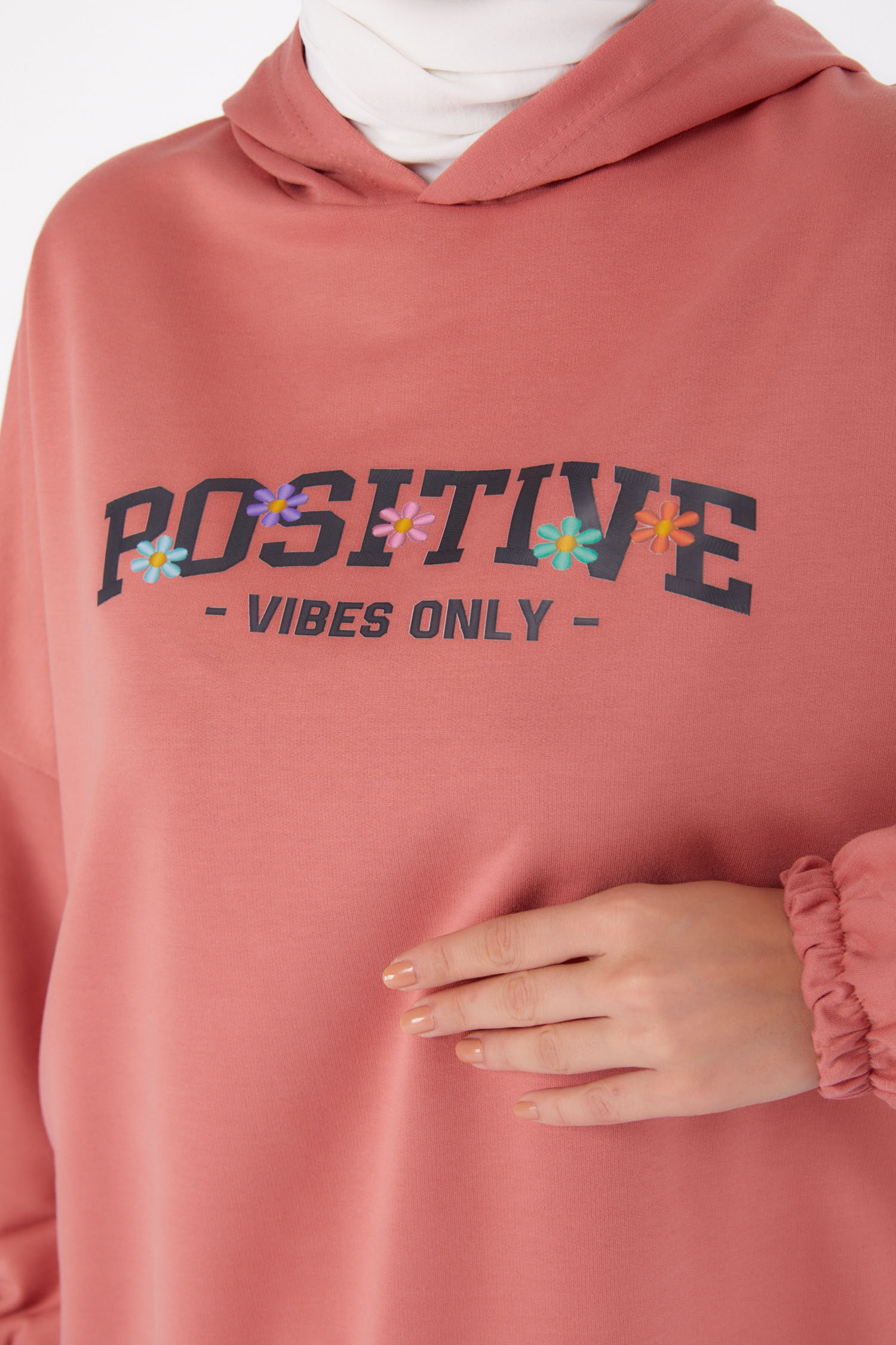 Düz Kapşonlu Yaka Kadın Gül Baskılı Sweatshirt - 13333 - 6