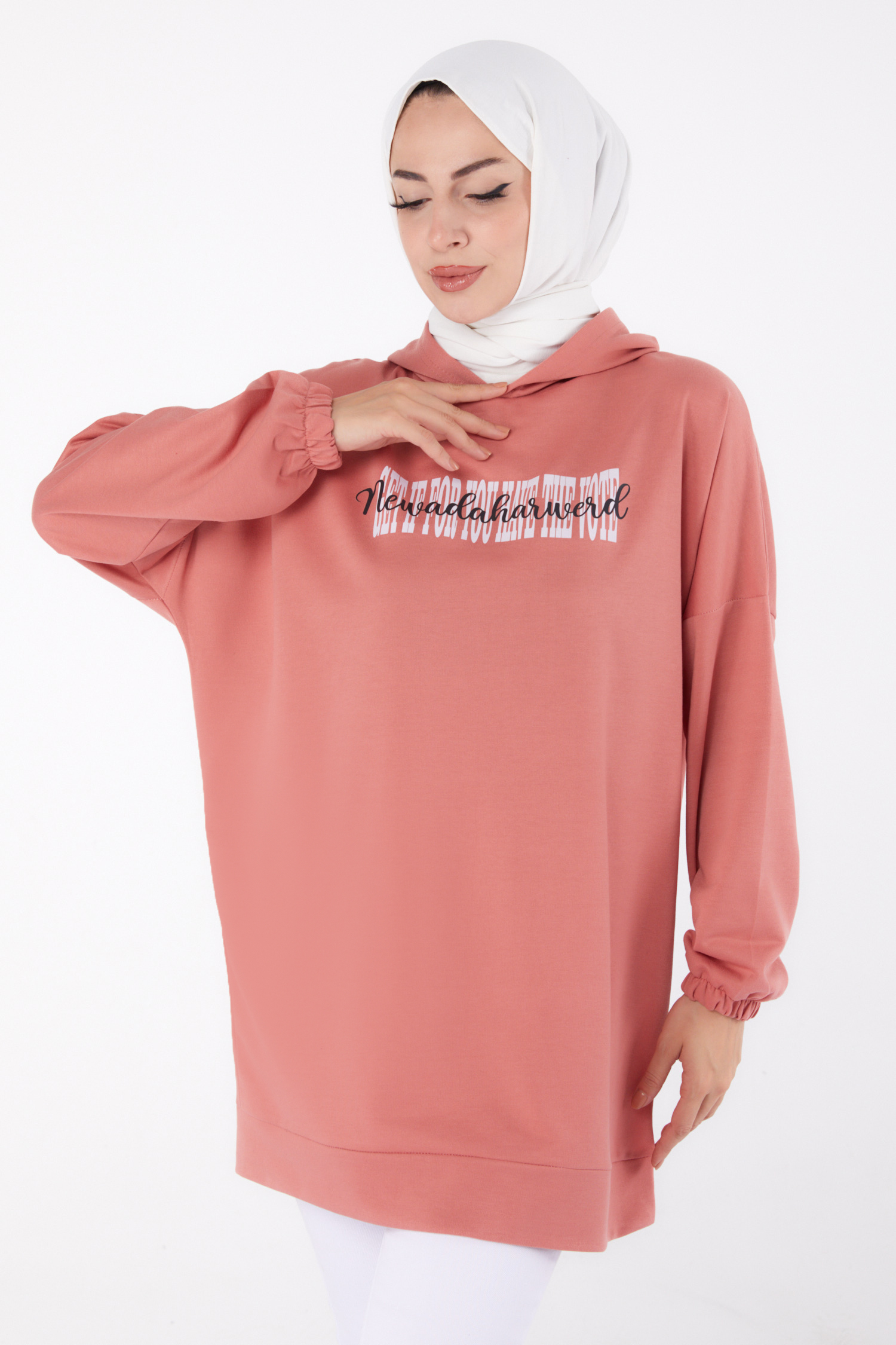 Düz Kapşonlu Yaka Kadın Gül Baskılı Sweatshirt - 13334 - 2