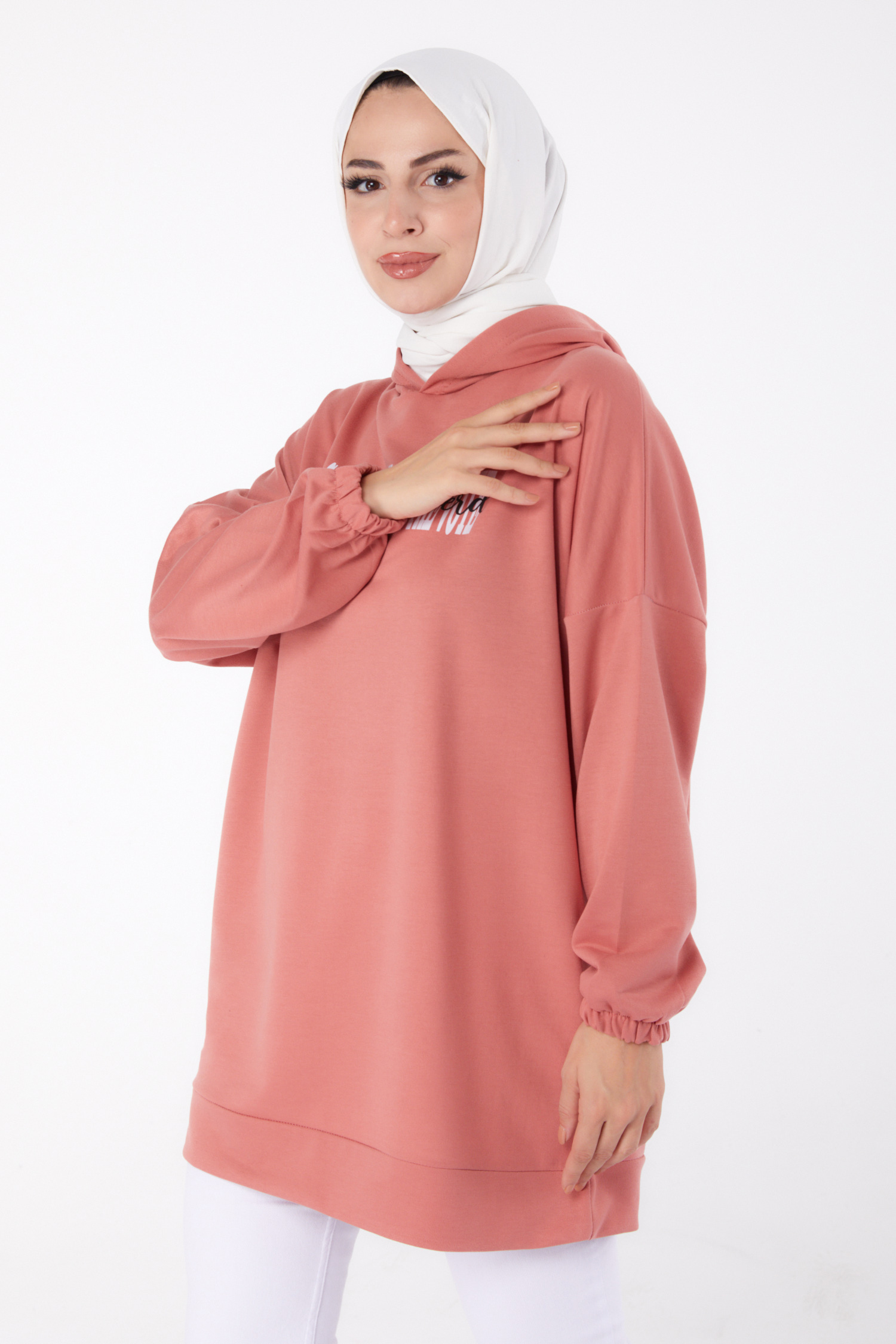 Düz Kapşonlu Yaka Kadın Gül Baskılı Sweatshirt - 13334 - 3