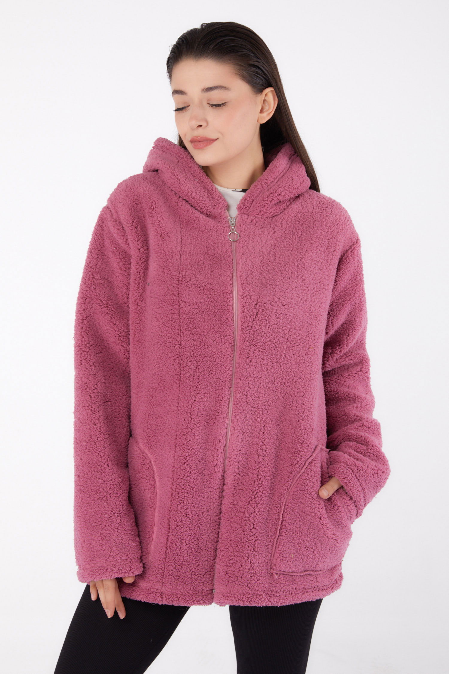Düz Kapşonlu Yaka Kadın Gul Kurusu Peluş Kısa Mont - 26459 - 1