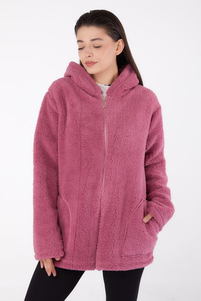 Düz Kapşonlu Yaka Kadın Gul Kurusu Peluş Kısa Mont - 26459 