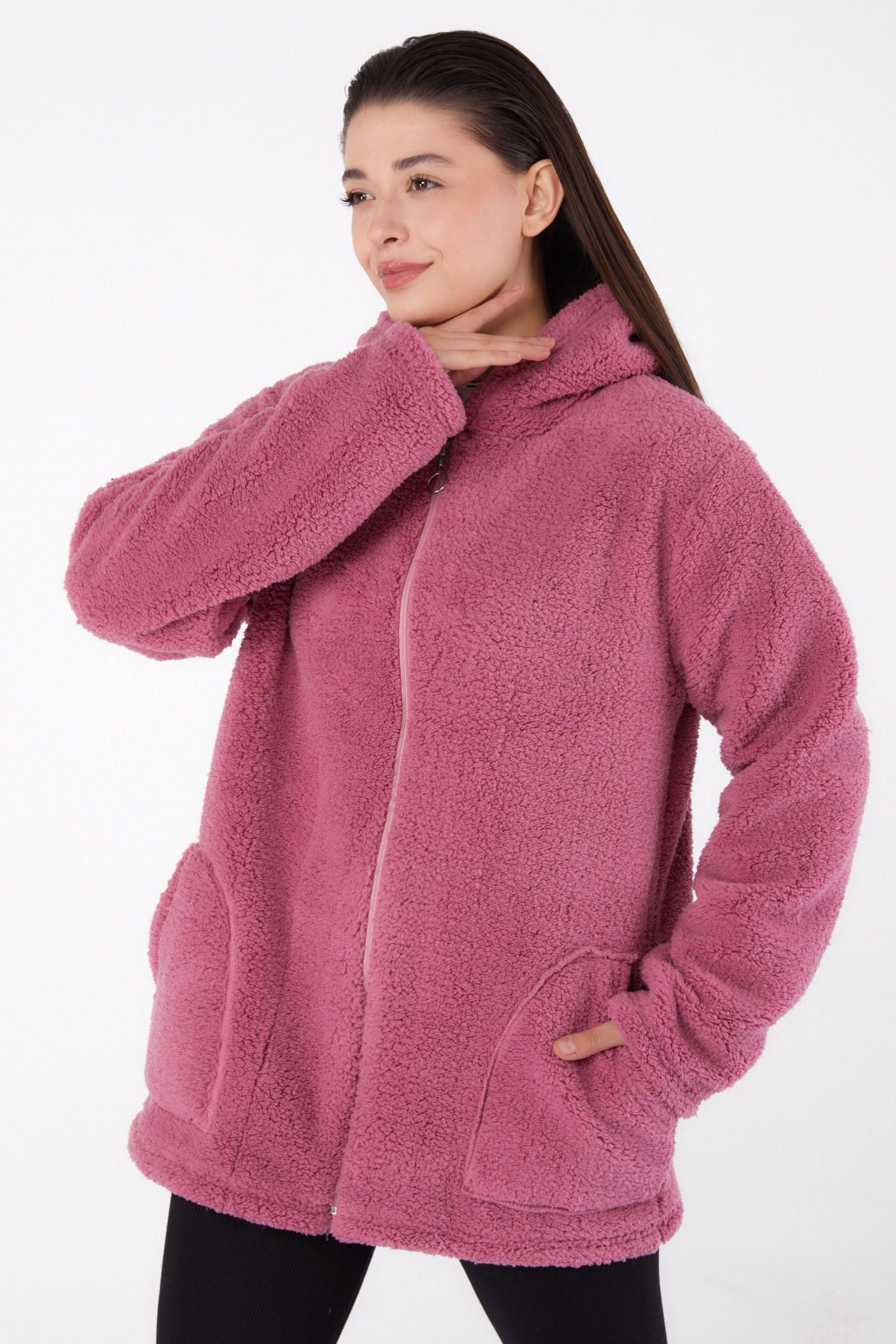 Düz Kapşonlu Yaka Kadın Gul Kurusu Peluş Kısa Mont - 26459 - 2