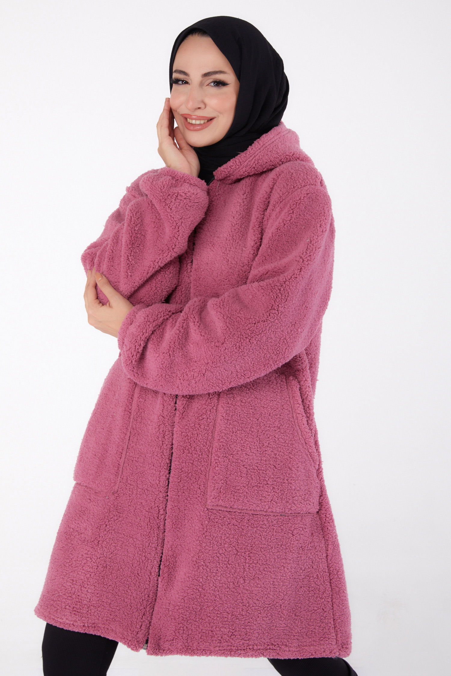 Düz Kapşonlu Yaka Kadın Gul Kurusu Peluş Uzun Mont - 26460 - 3