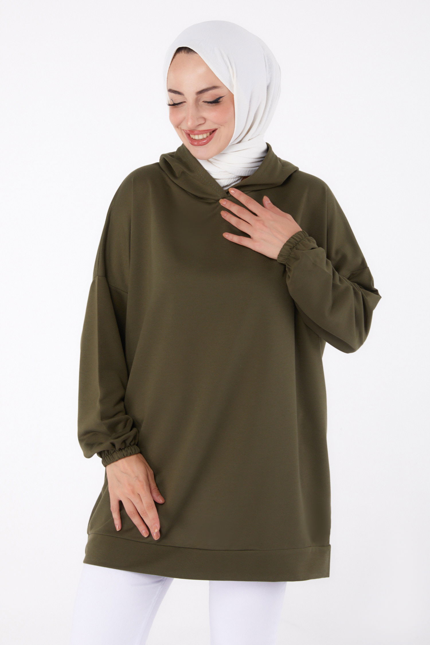 Arkası Baskılı Sweatshirt Haki - 13327 - 3