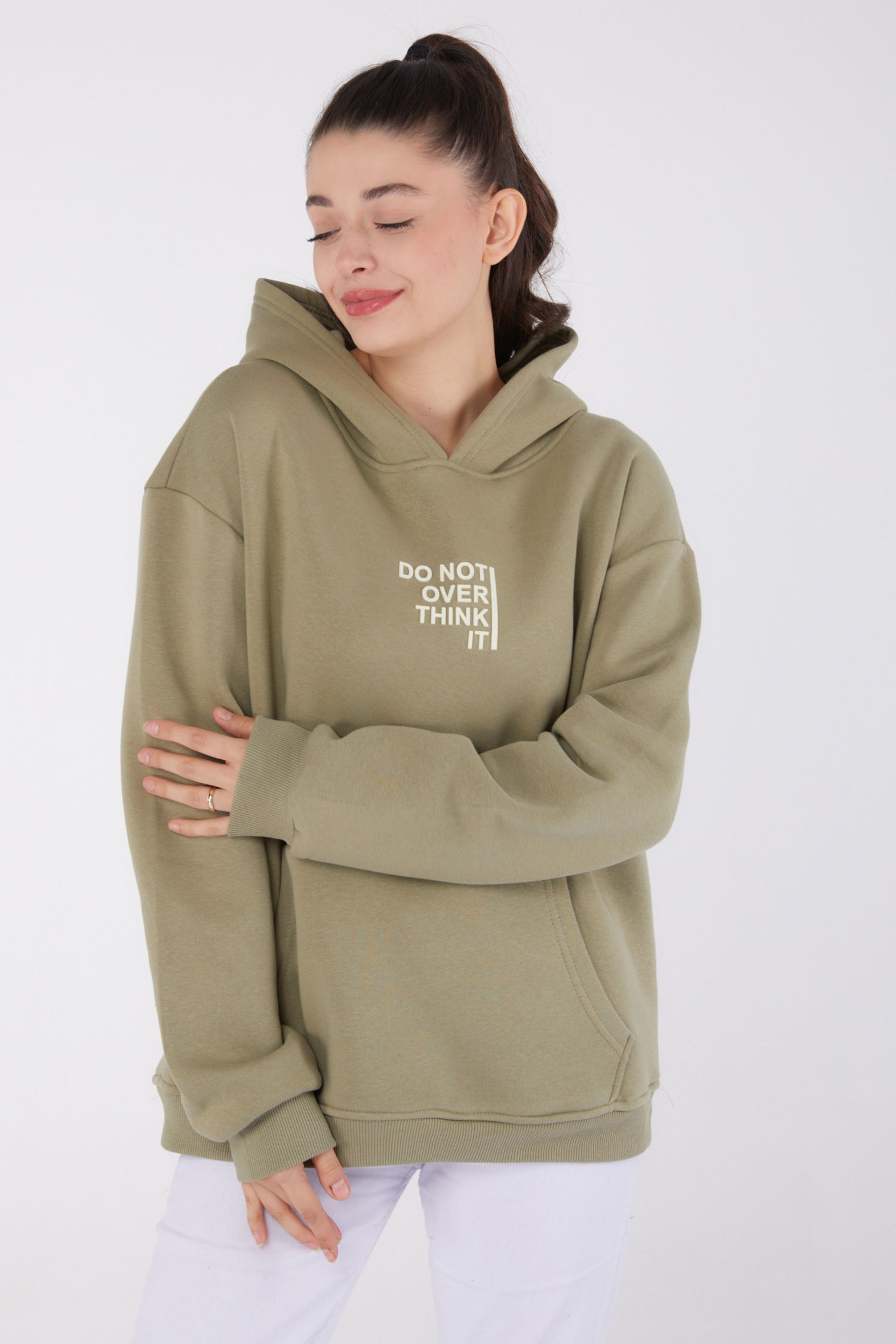 Düz Kapşonlu Yaka Kadın Haki Baskılı Sweatshirt - 26474 - 1