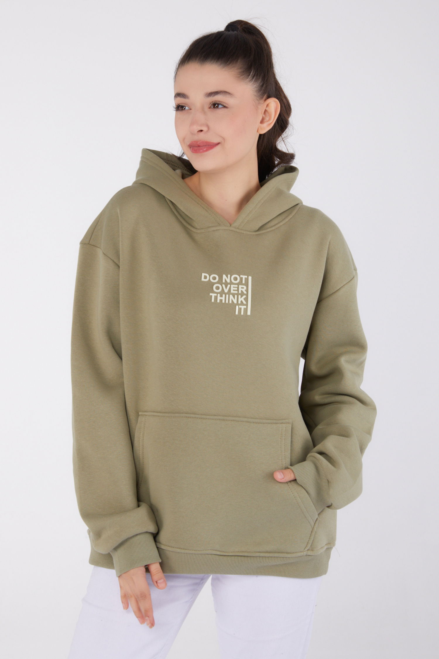 Düz Kapşonlu Yaka Kadın Haki Baskılı Sweatshirt - 26474 - 2