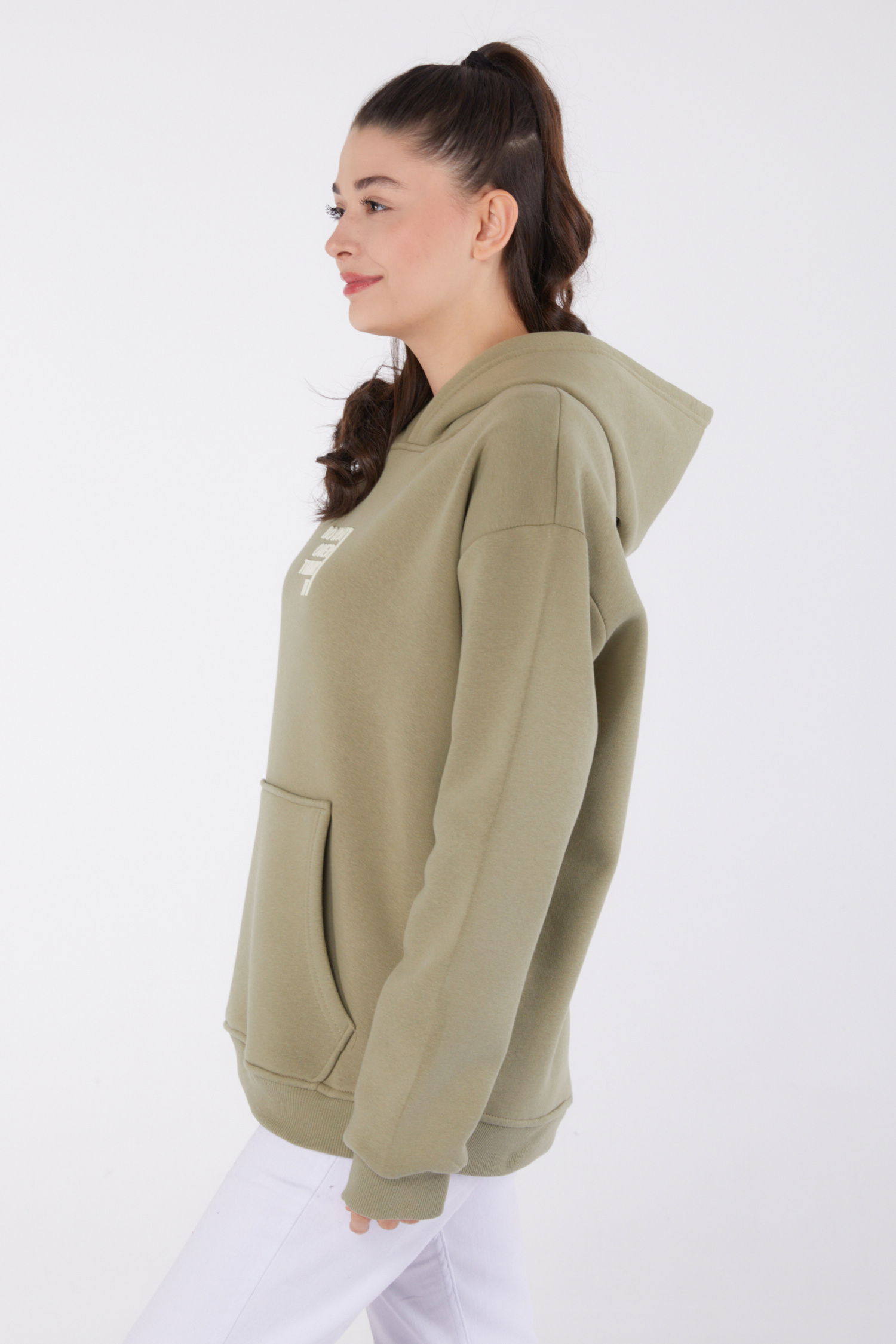 Düz Kapşonlu Yaka Kadın Haki Baskılı Sweatshirt - 26474 - 4