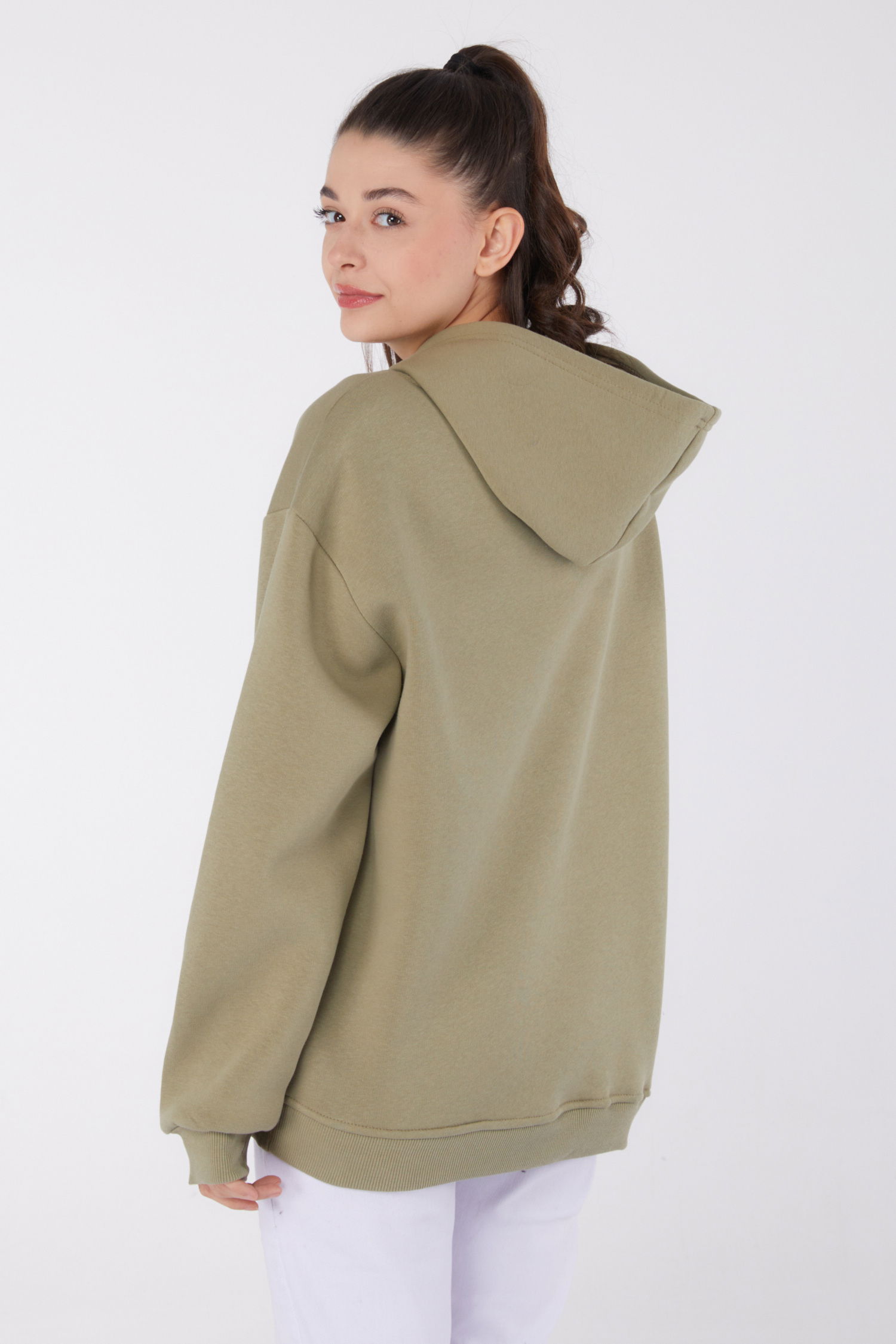Düz Kapşonlu Yaka Kadın Haki Baskılı Sweatshirt - 26474 - 5