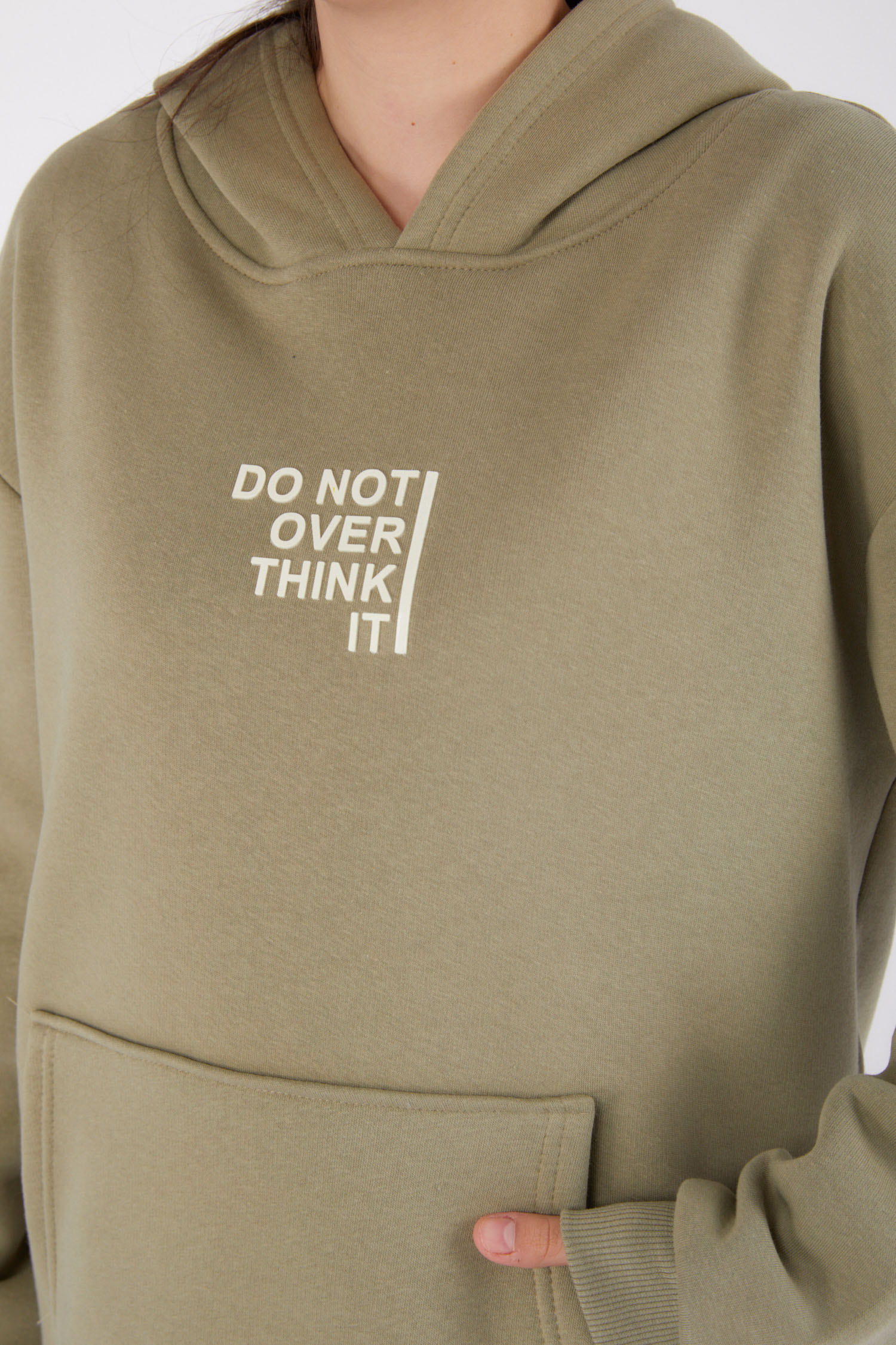 Düz Kapşonlu Yaka Kadın Haki Baskılı Sweatshirt - 26474 - 6
