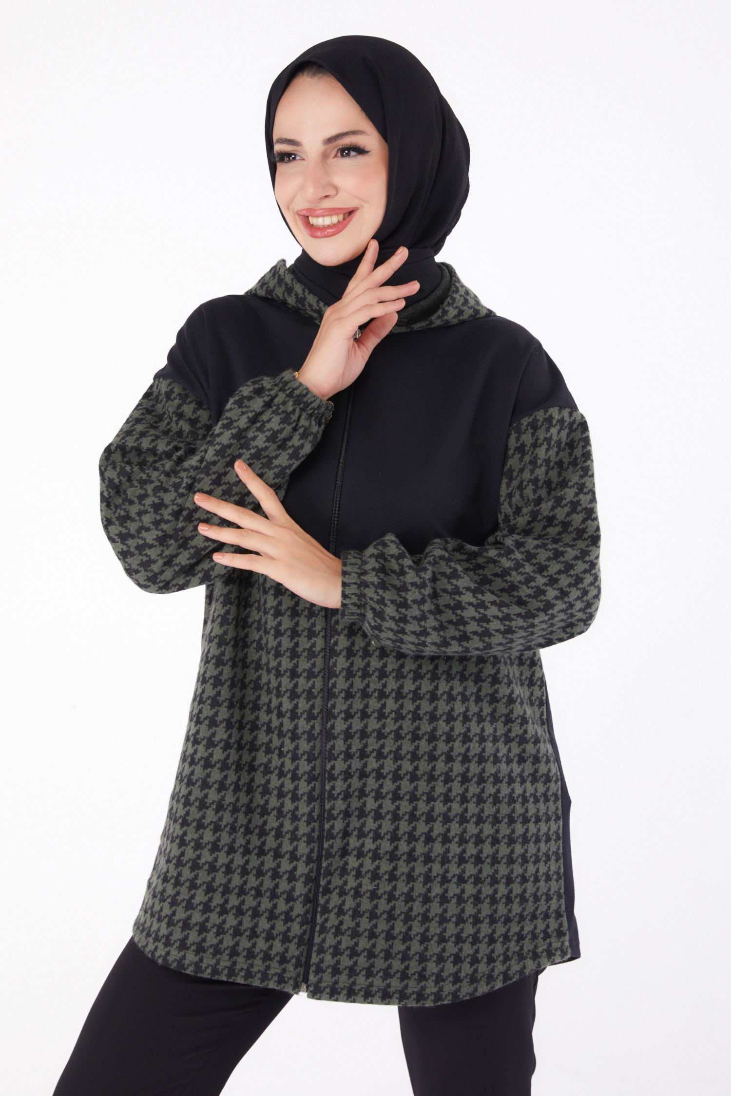 Fermuarlı Garnili sweatshirt Haki - 13314 - 1