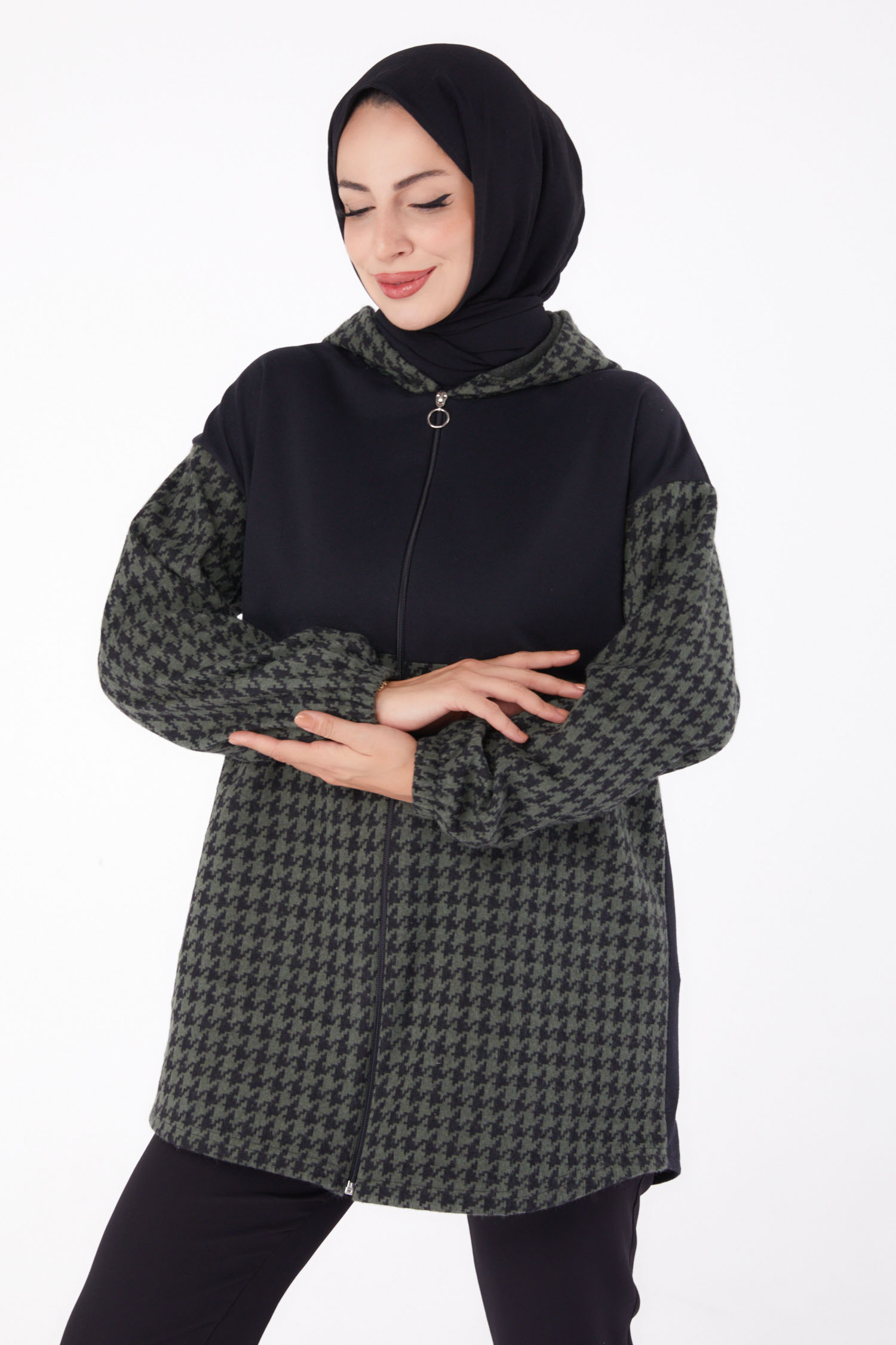 Fermuarlı Garnili sweatshirt Haki - 13314 - 3