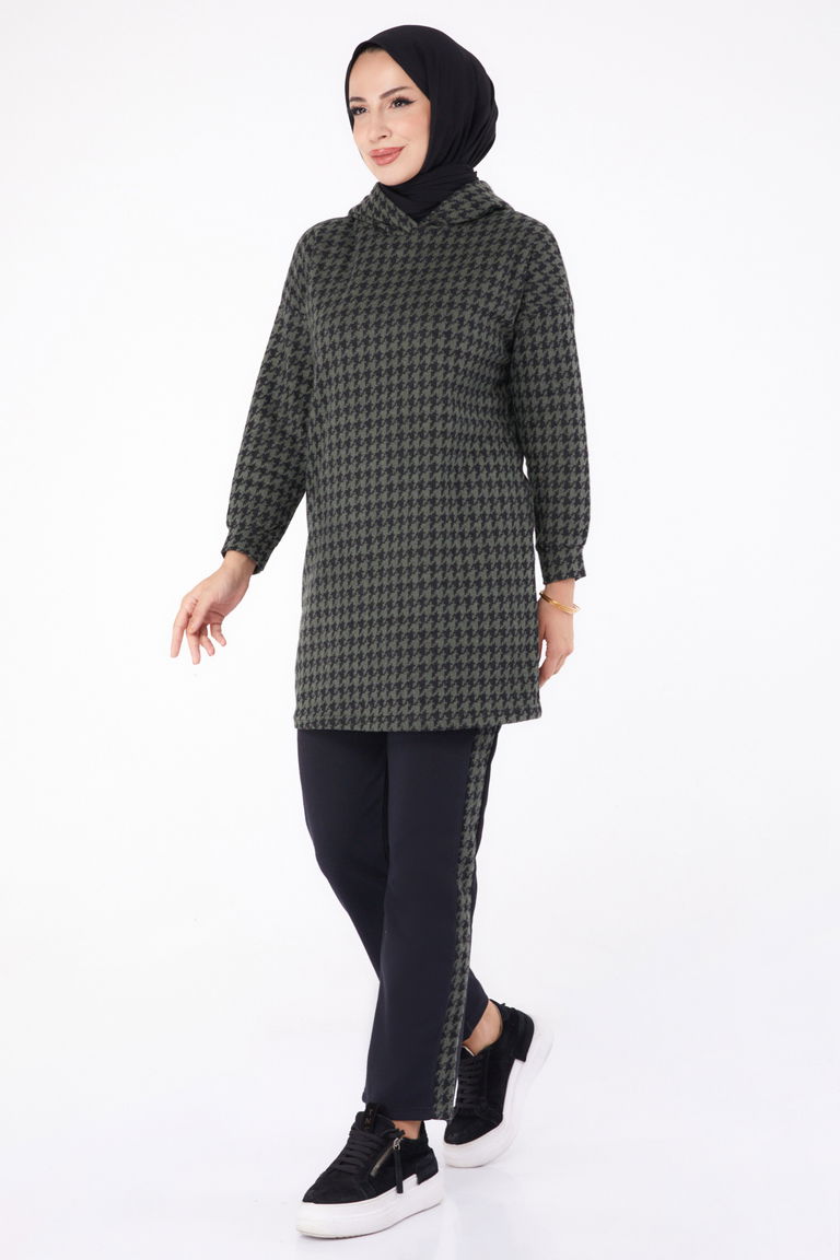 Düz Kapşonlu Yaka Kadın Haki İkili Takım - 13337 - TOFİSA