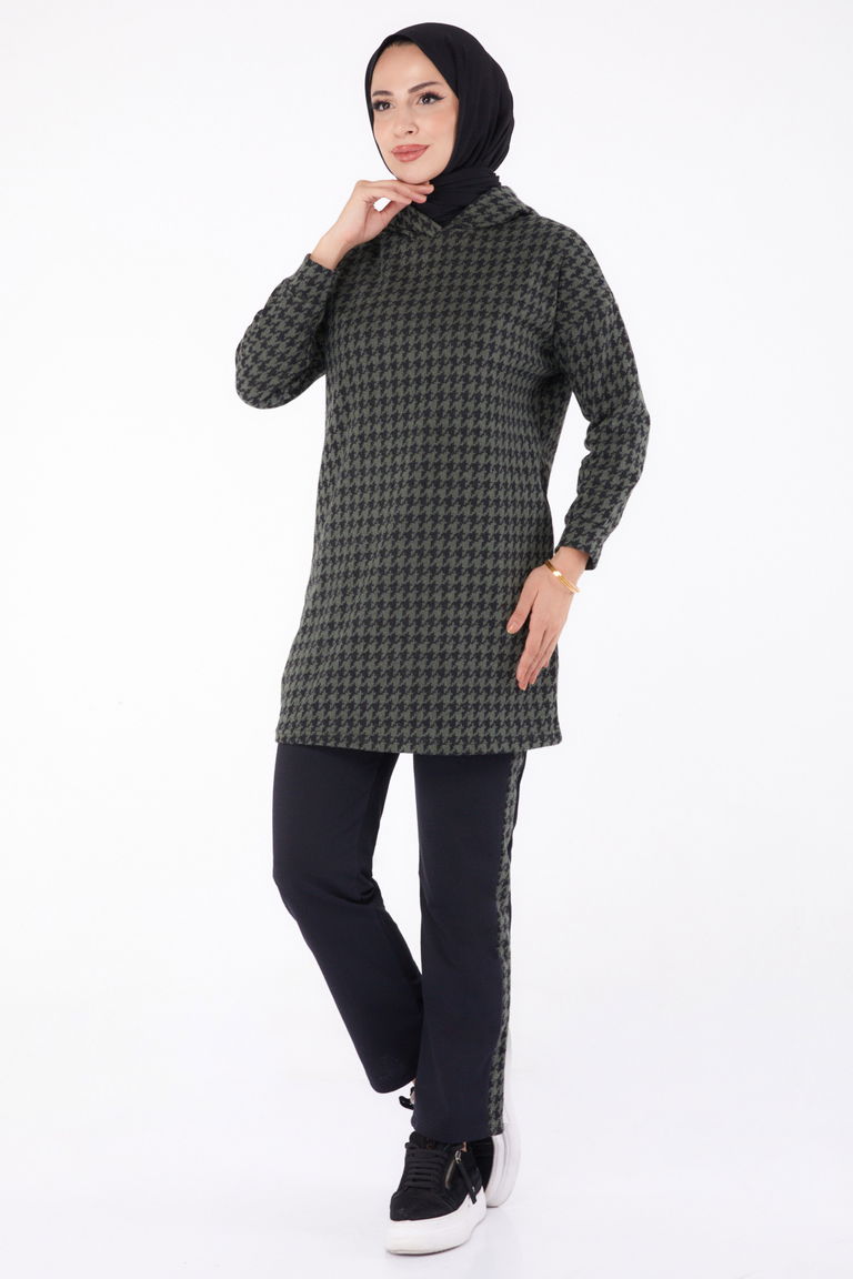 Düz Kapşonlu Yaka Kadın Haki İkili Takım - 13337 - TOFİSA