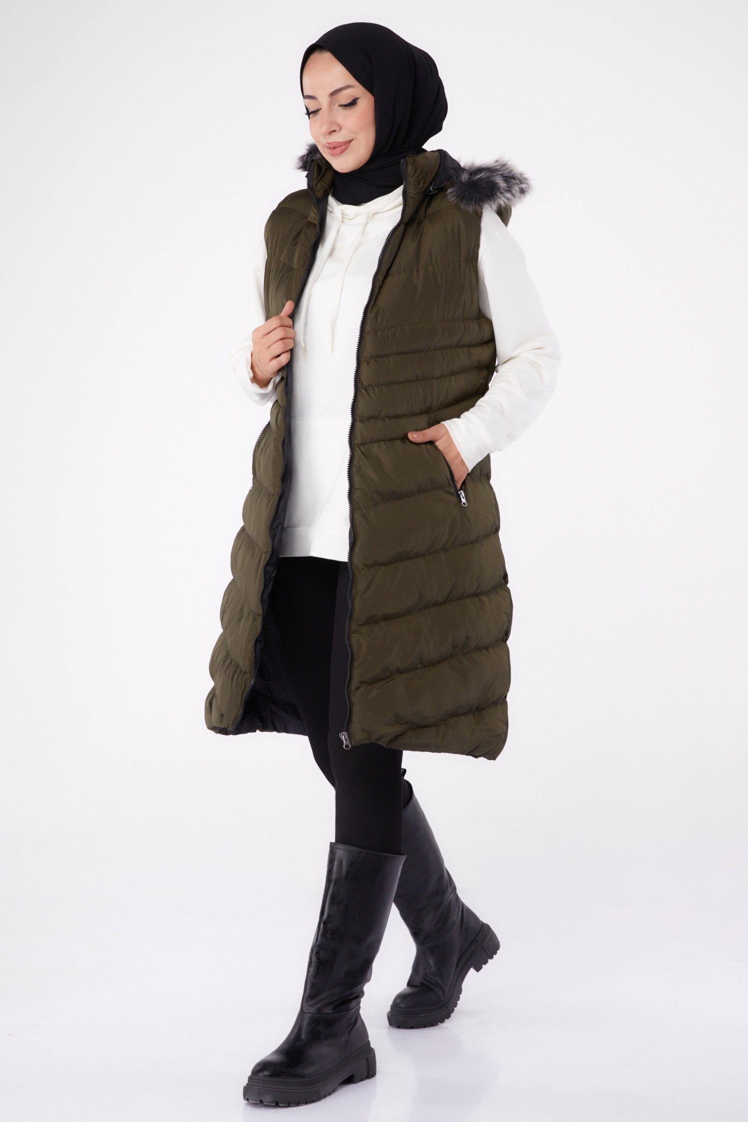 Düz Kapşonlu Yaka Kadın Haki Kürk Detaylı Şişme Yelek - 26414 - 1