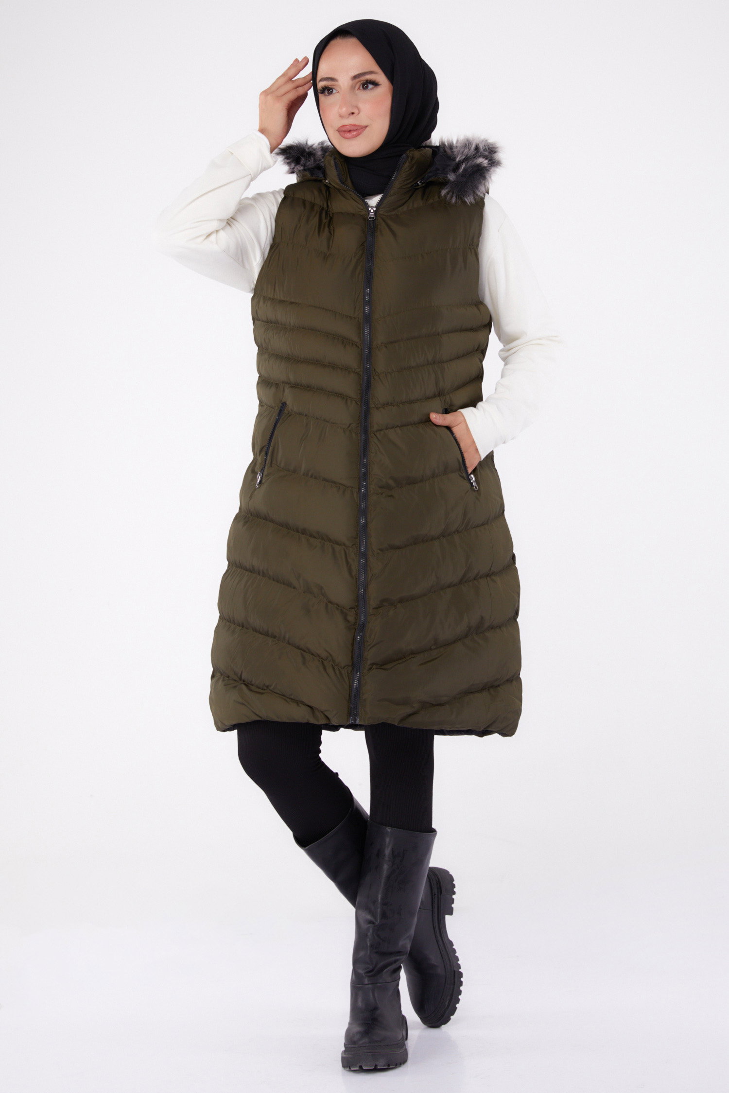 Düz Kapşonlu Yaka Kadın Haki Kürk Detaylı Şişme Yelek - 26414 - 2