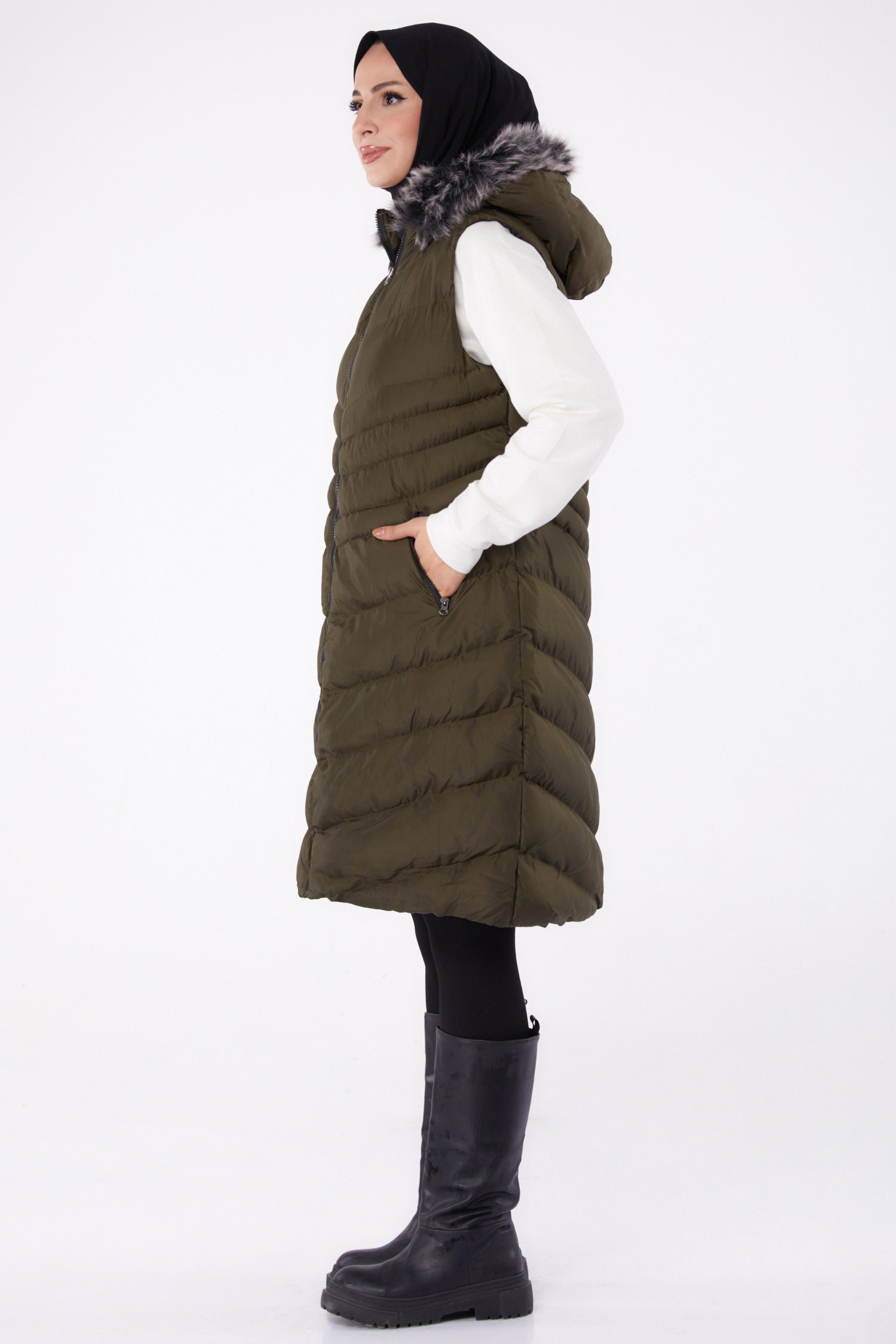 Düz Kapşonlu Yaka Kadın Haki Kürk Detaylı Şişme Yelek - 26414 - 4