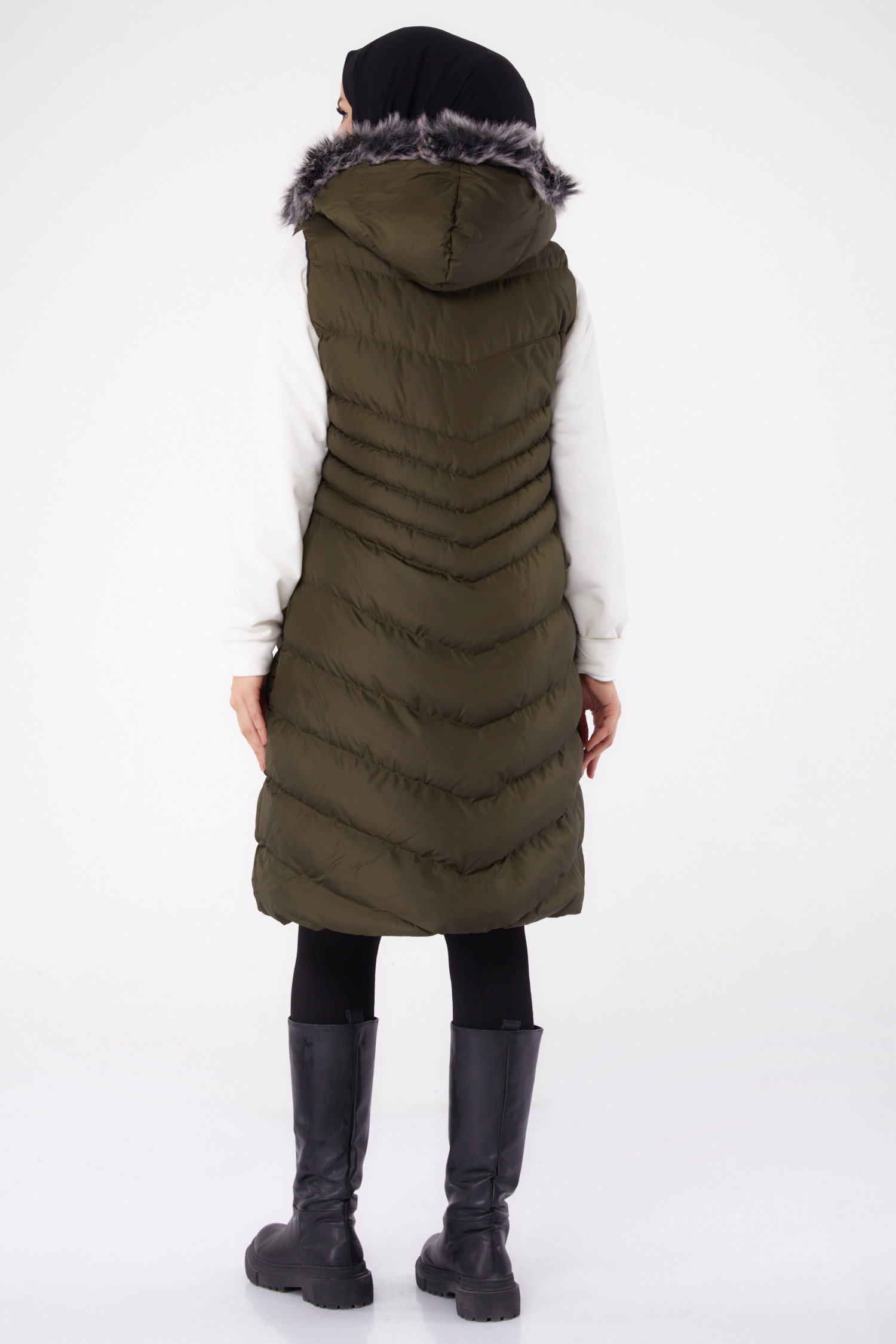 Düz Kapşonlu Yaka Kadın Haki Kürk Detaylı Şişme Yelek - 26414 - 5