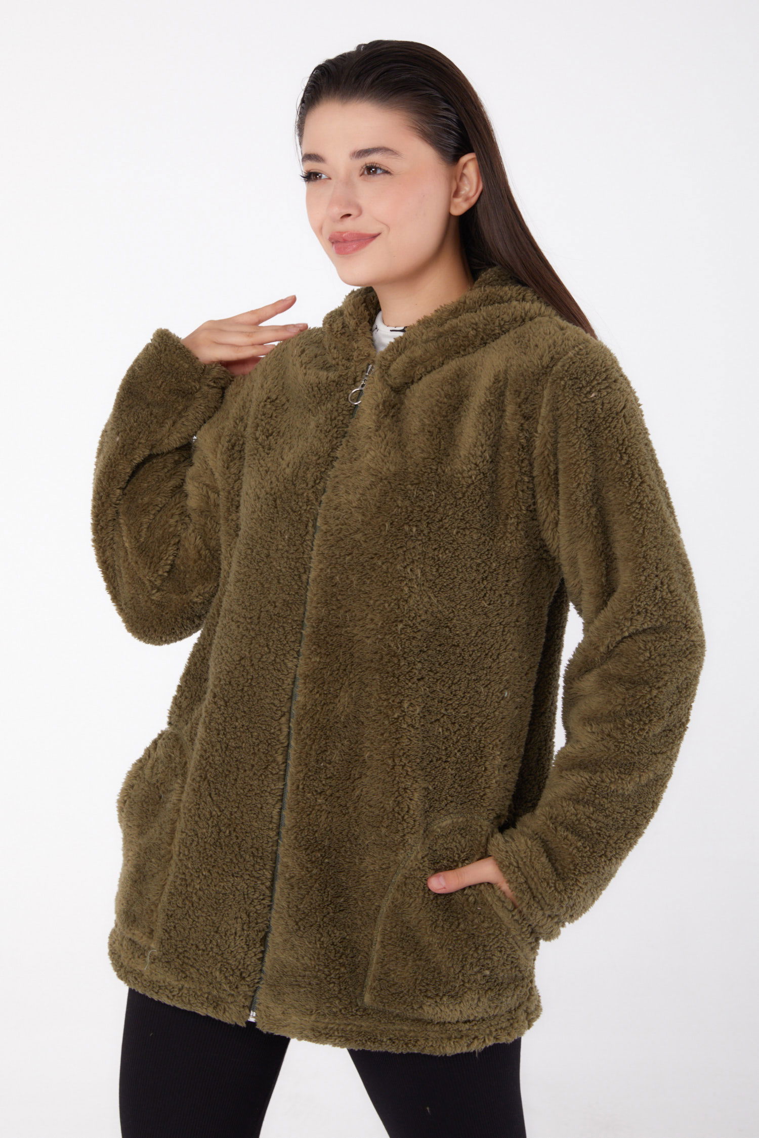 Düz Kapşonlu Yaka Kadın Haki Peluş Kısa Mont - 26459 - 2