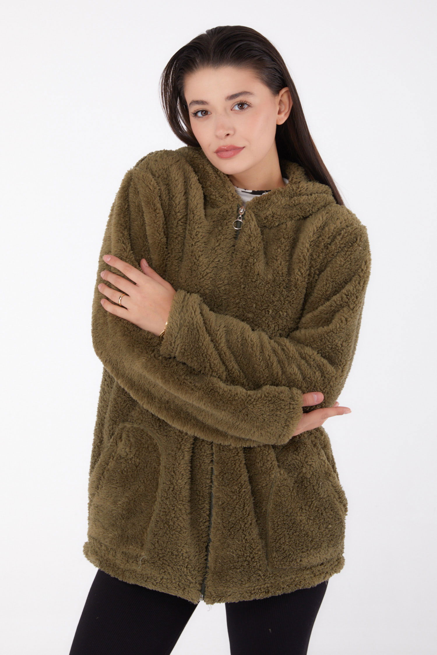 Düz Kapşonlu Yaka Kadın Haki Peluş Kısa Mont - 26459 - 3