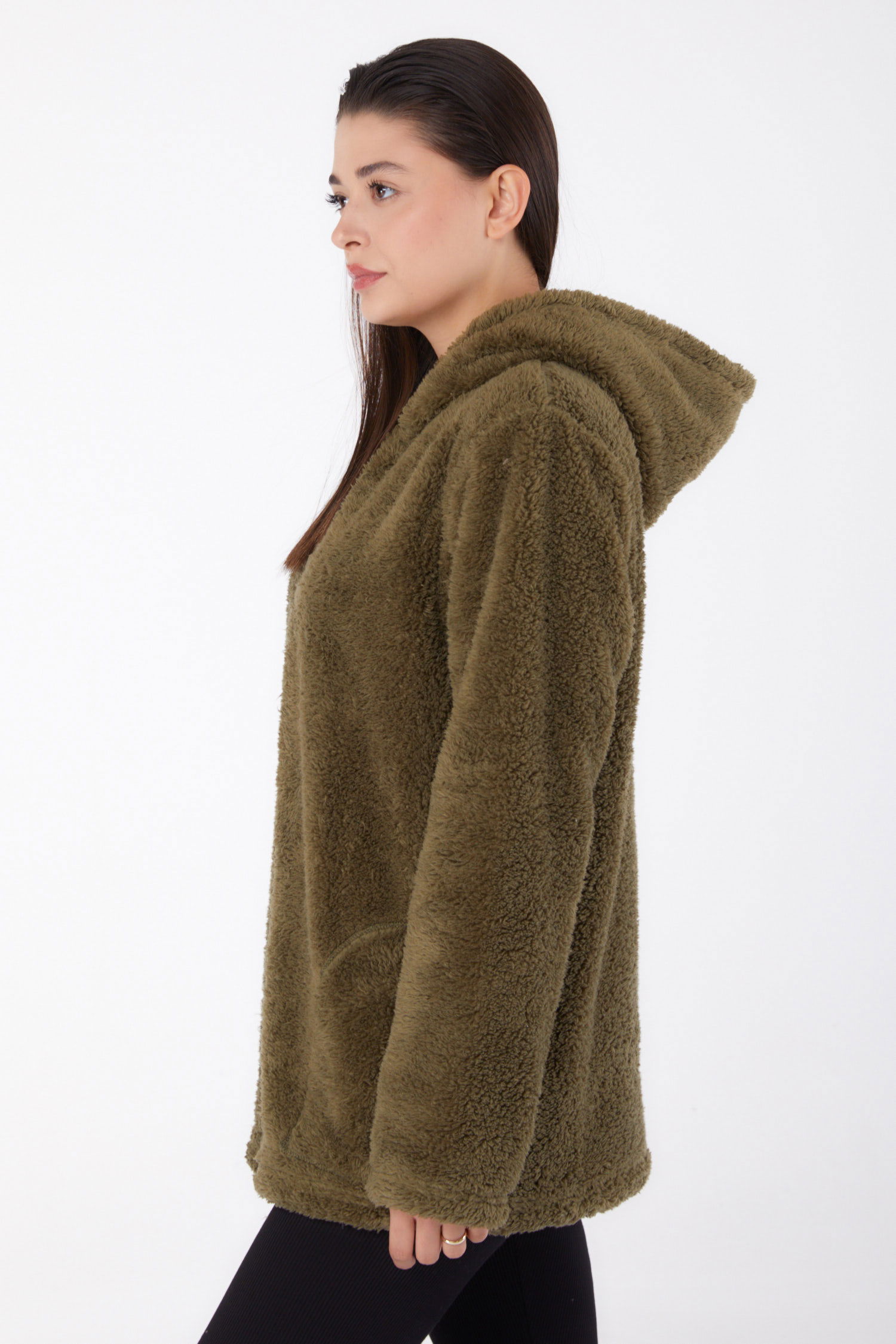 Düz Kapşonlu Yaka Kadın Haki Peluş Kısa Mont - 26459 - 4