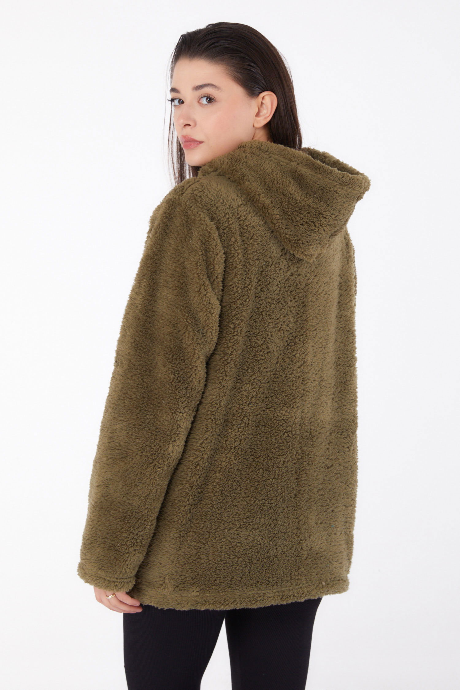 Düz Kapşonlu Yaka Kadın Haki Peluş Kısa Mont - 26459 - 5