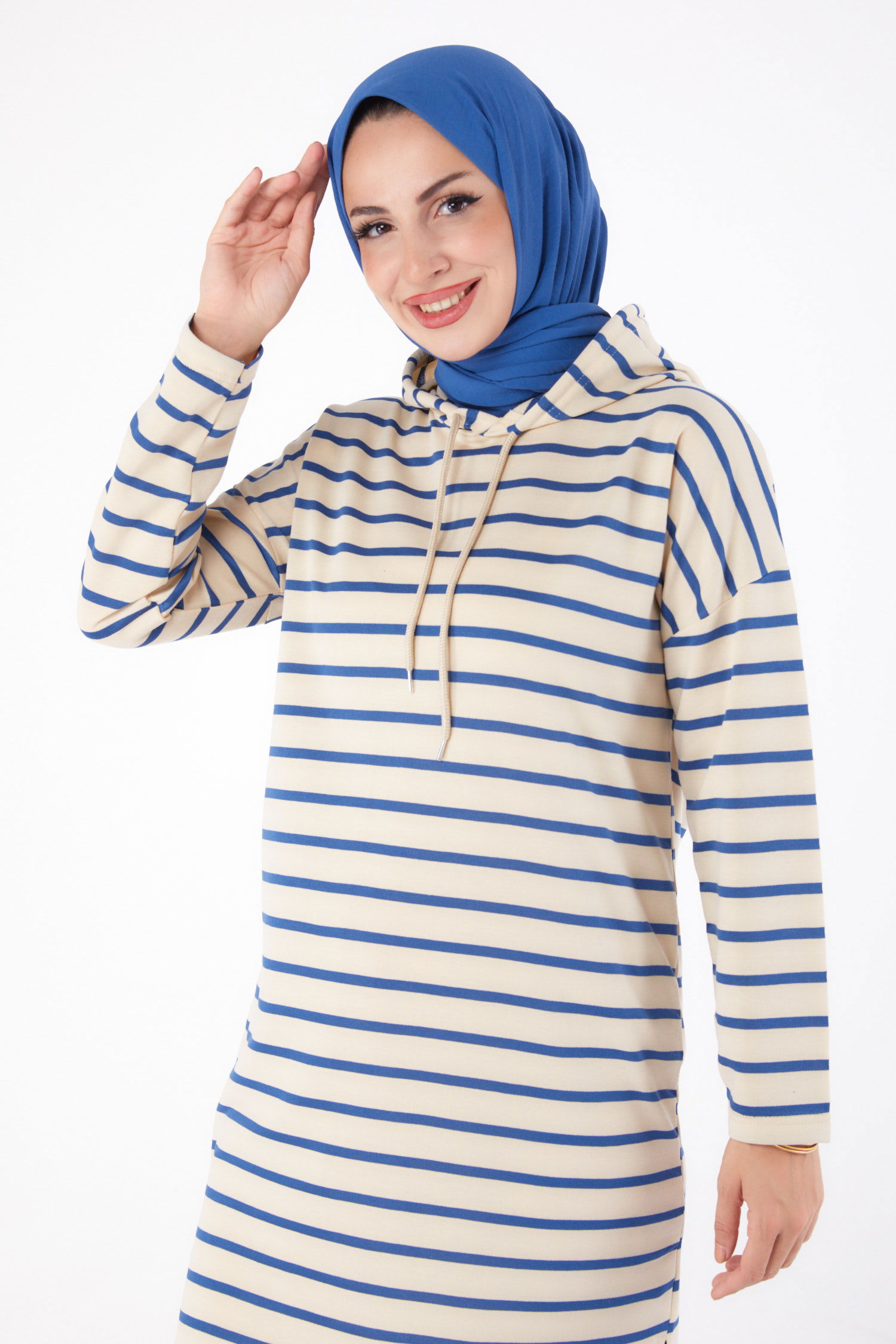 Düz Kapşonlu Yaka Kadın Indigo Çizgili Tunik - 26377 - 3