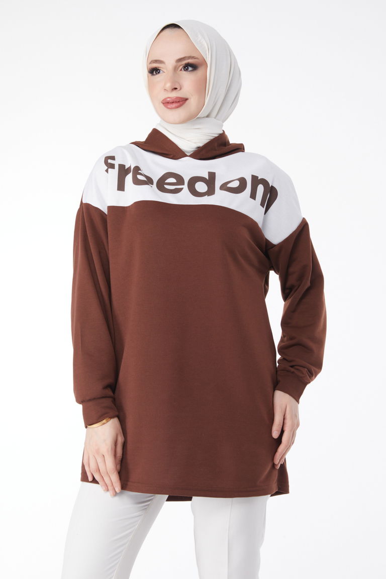 Baskılı Kapşonlu Sweatshirt Kahve - 13134 - TOFİSA