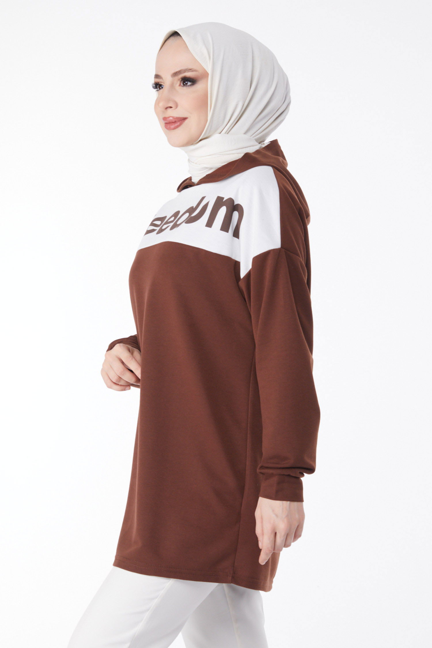 Baskılı Kapşonlu Sweatshirt Kahve - 13134 - 4