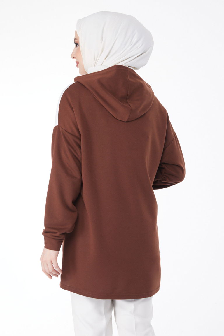 Baskılı Kapşonlu Sweatshirt Kahve - 13134 - TOFİSA